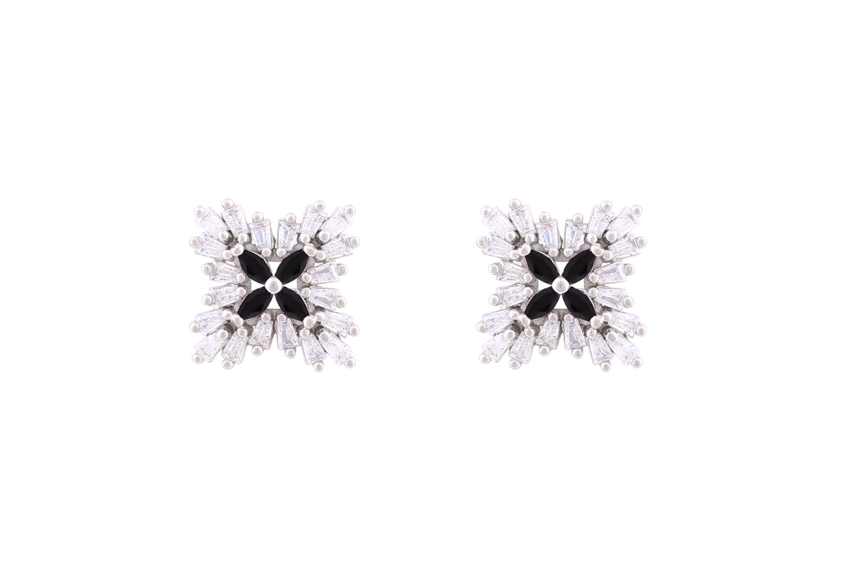 Asfour Crystal Stud Earrings With Black Flower Design In 925 Sterling Silver ED0099-WP