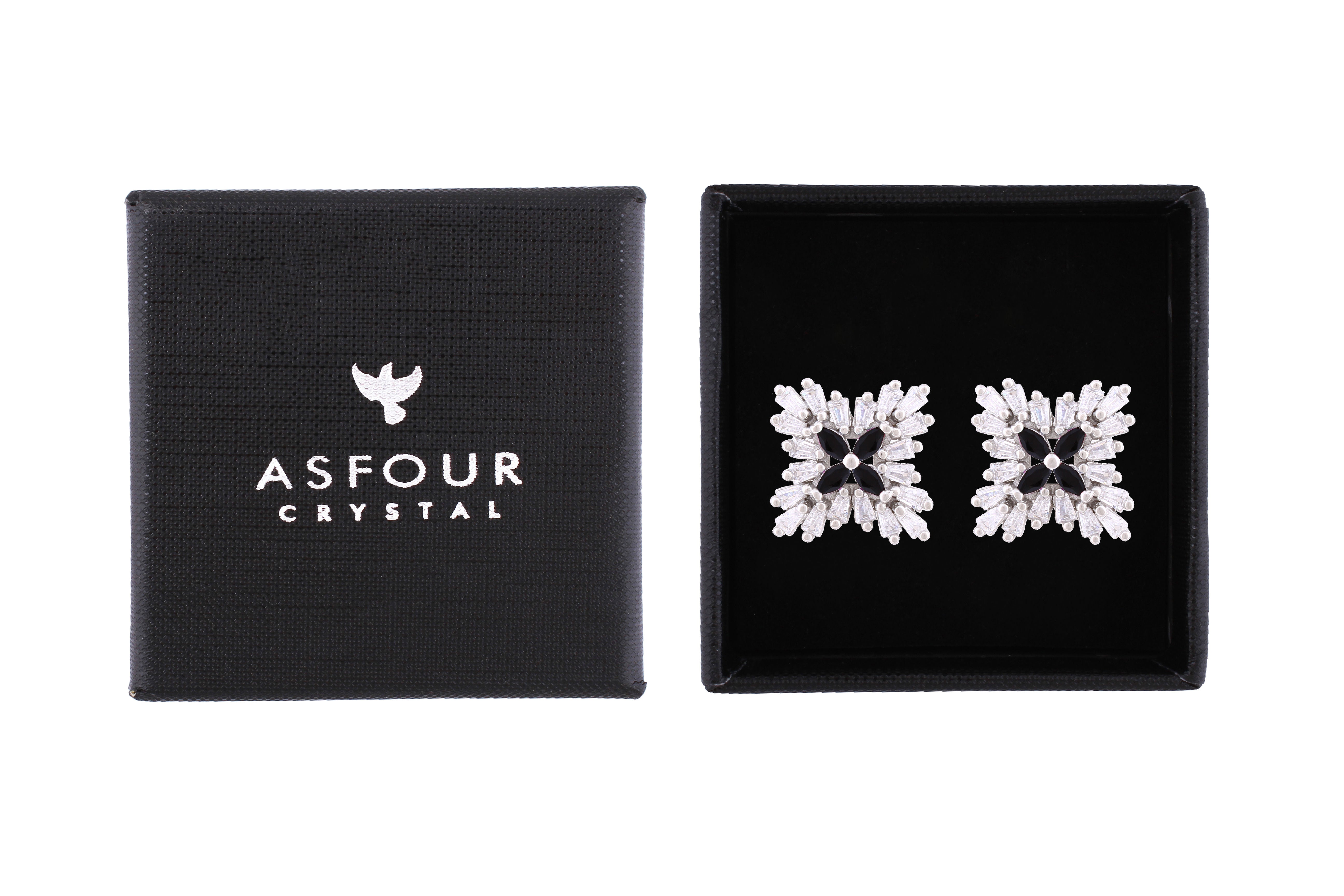 Asfour Crystal Stud Earrings With Black Flower Design In 925 Sterling Silver ED0099-WP