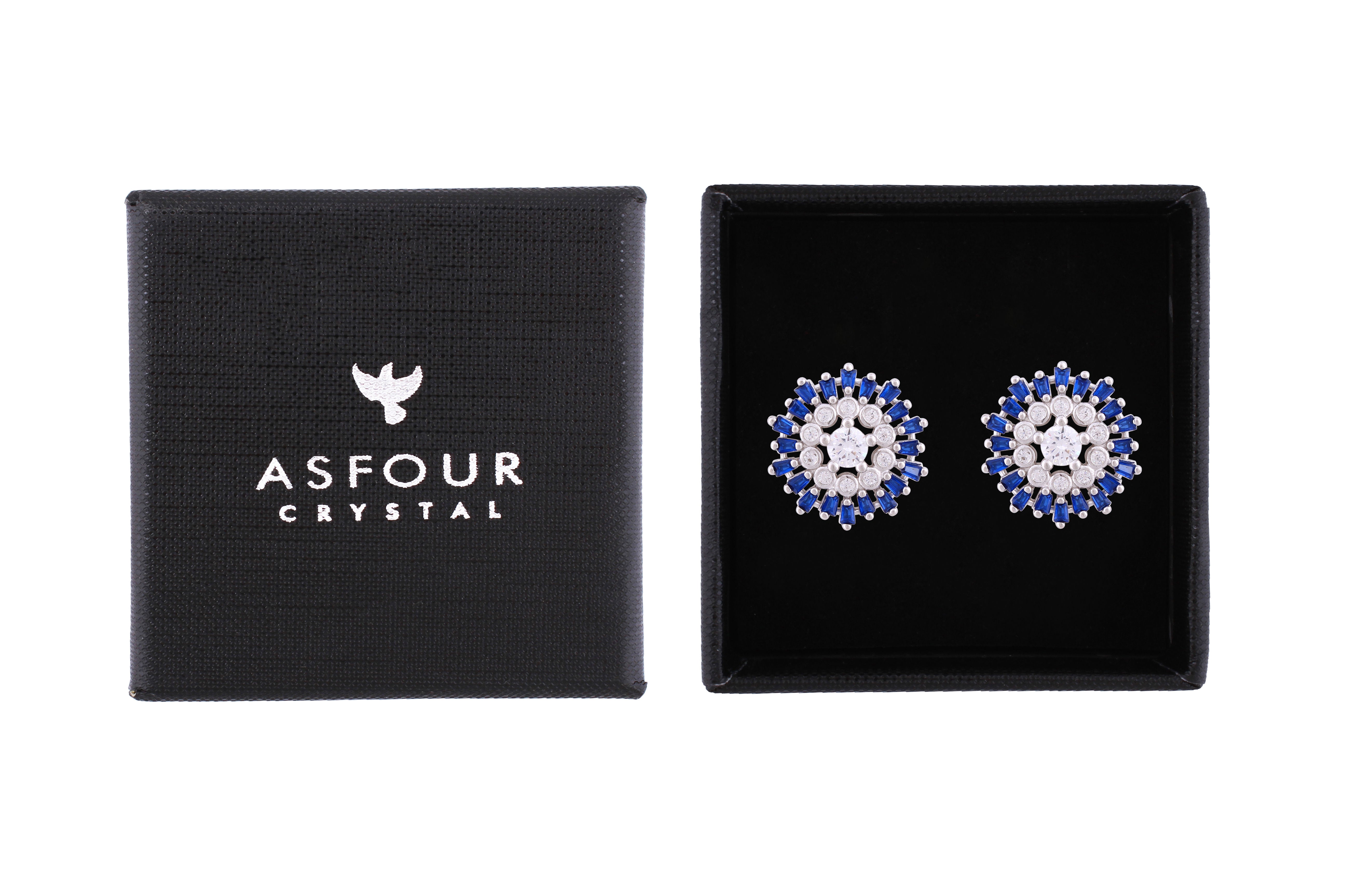 Asfour Crystal Stud Earrings With Blue Round Design In 925 Sterling Silver ED0100-WB