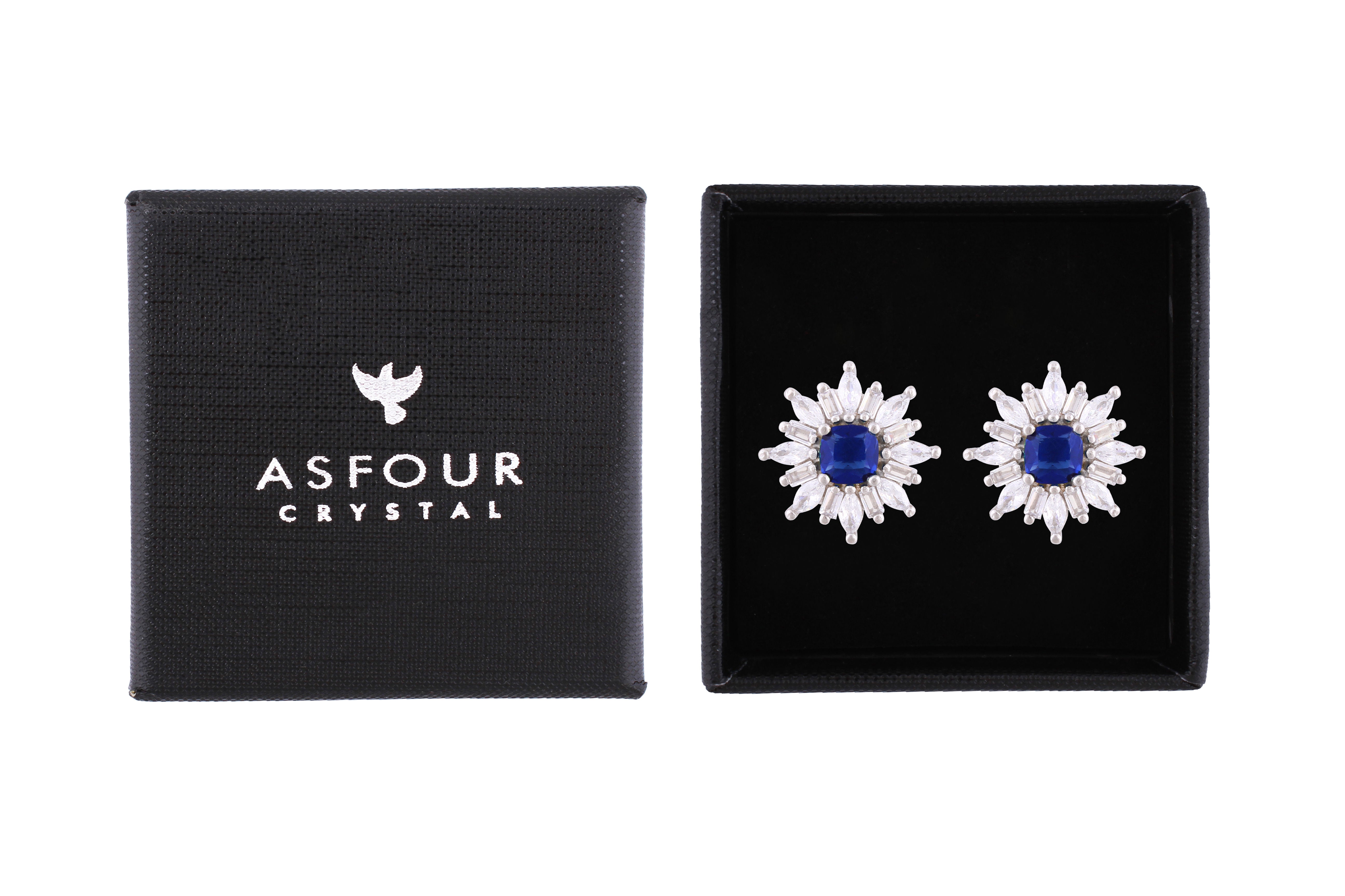 Asfour Crystal Stud Earrings With Blue Star Design In 925 Sterling Silver ED0101-WB