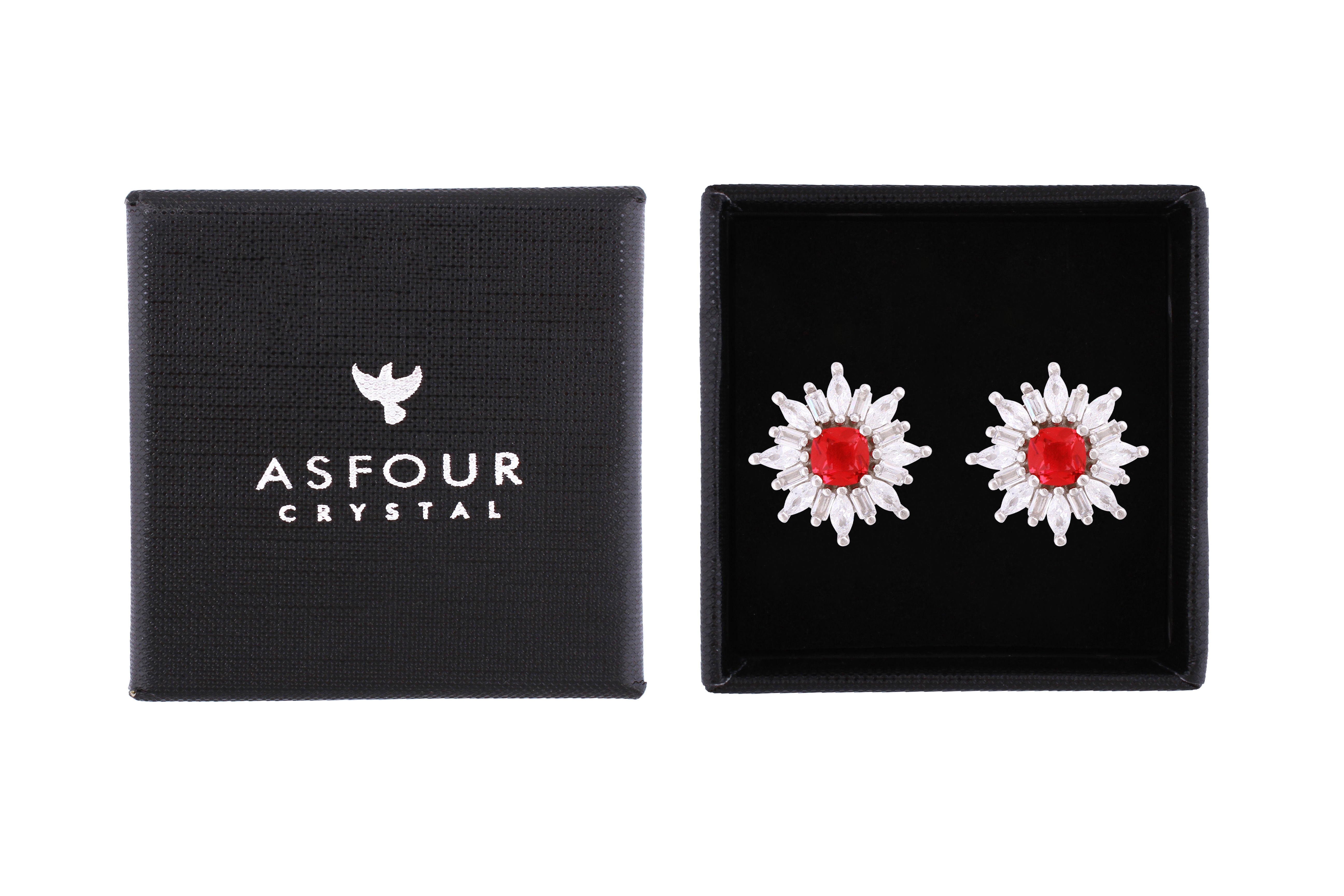 Asfour Crystal Stud Earrings With Fuchsia Star Design In 925 Sterling Silver ED0101-WF