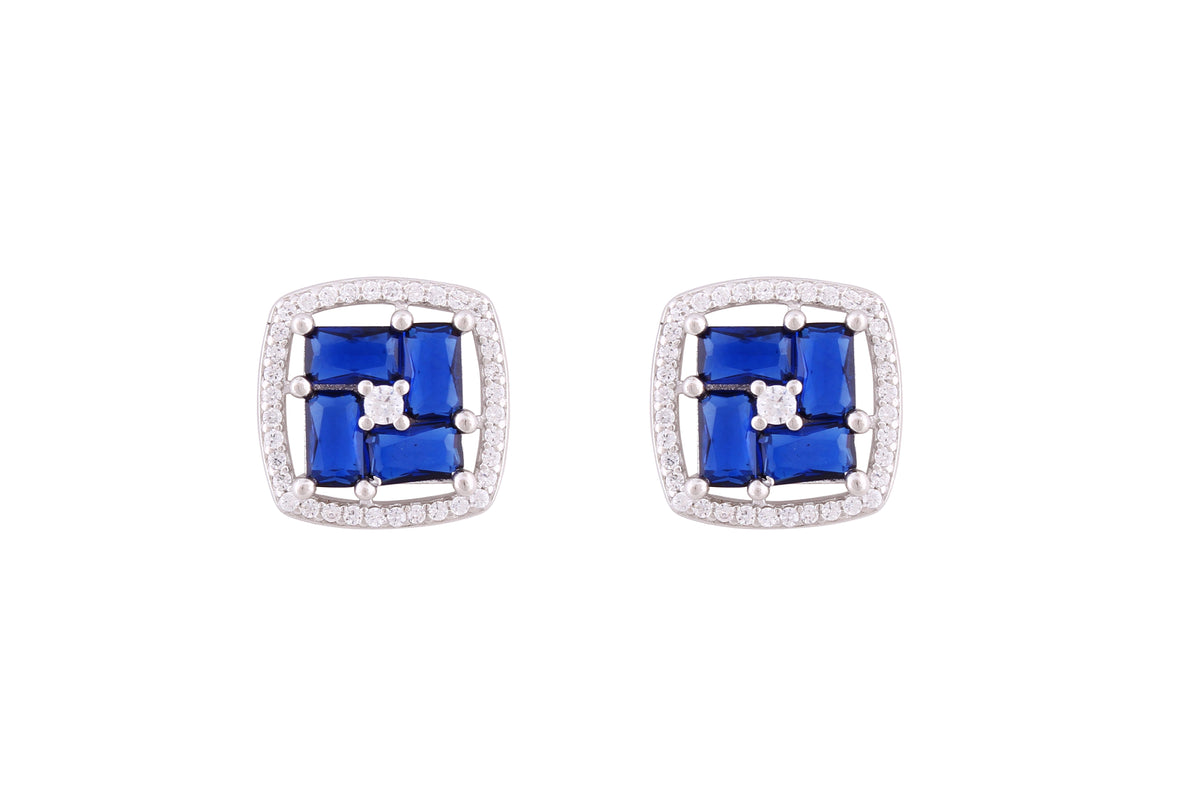 Asfour Crystal Stud Earrings With Blue Square Design In 925 Sterling Silver ED0103-WB