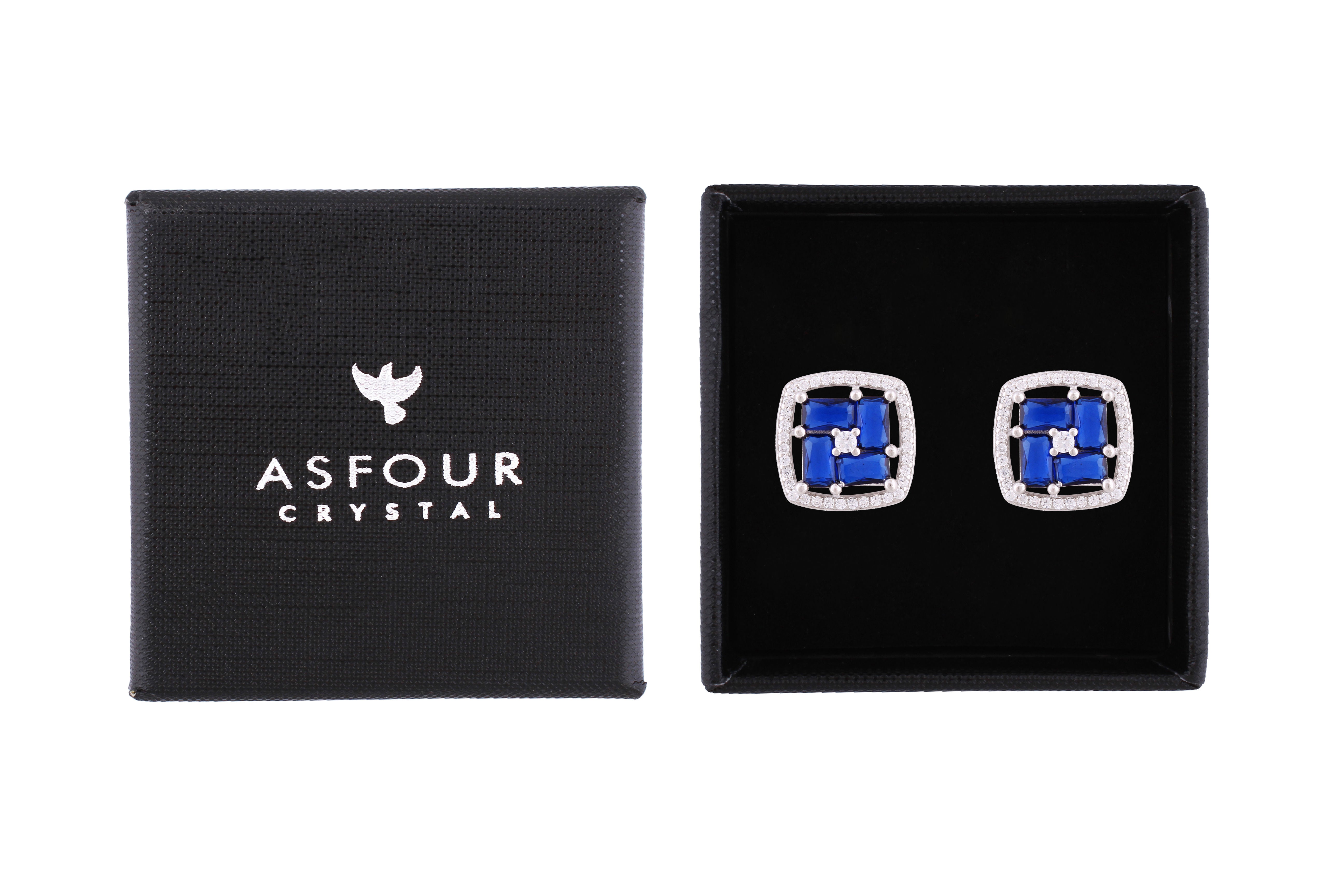 Asfour Crystal Stud Earrings With Blue Square Design In 925 Sterling Silver ED0103-WB