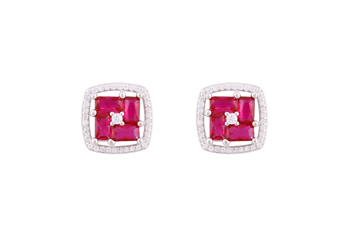 Asfour Crystal Stud Earrings With Fuchsia Square Design In 925 Sterling Silver ED0103-WF