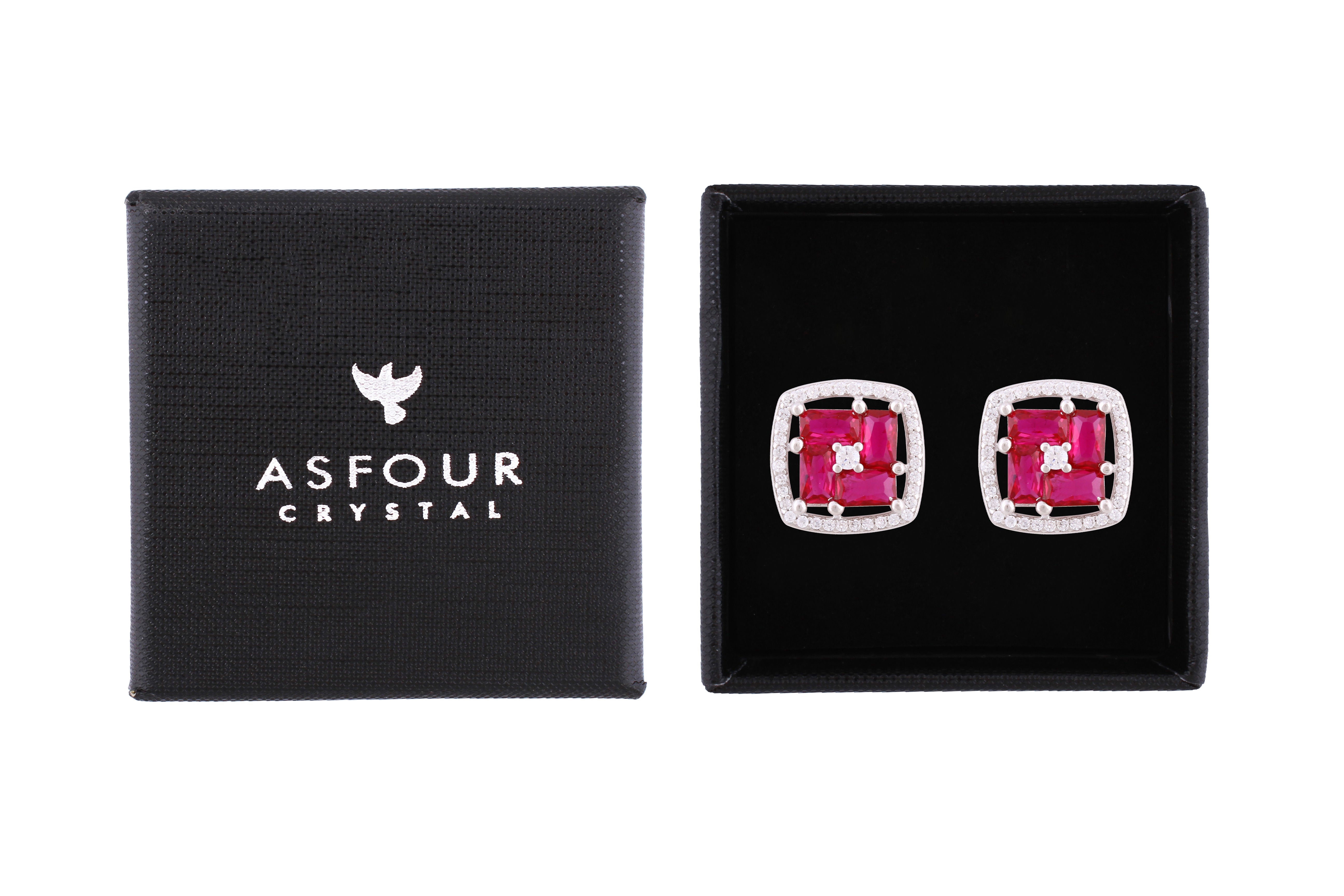 Asfour Crystal Stud Earrings With Fuchsia Square Design In 925 Sterling Silver ED0103-WF