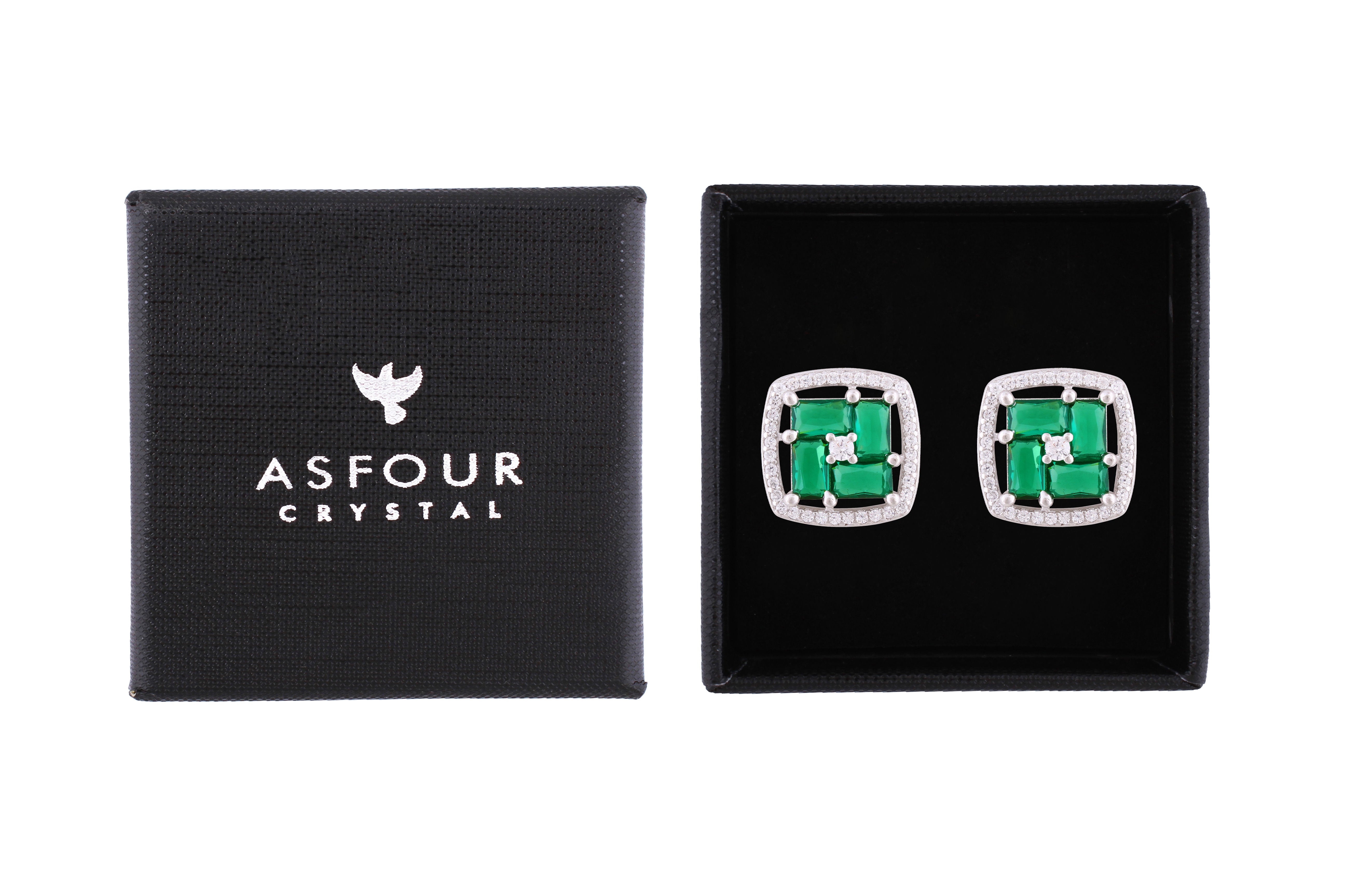 Asfour Crystal Stud Earrings With Emerald Square Design In 925 Sterling Silver ED0103-WG