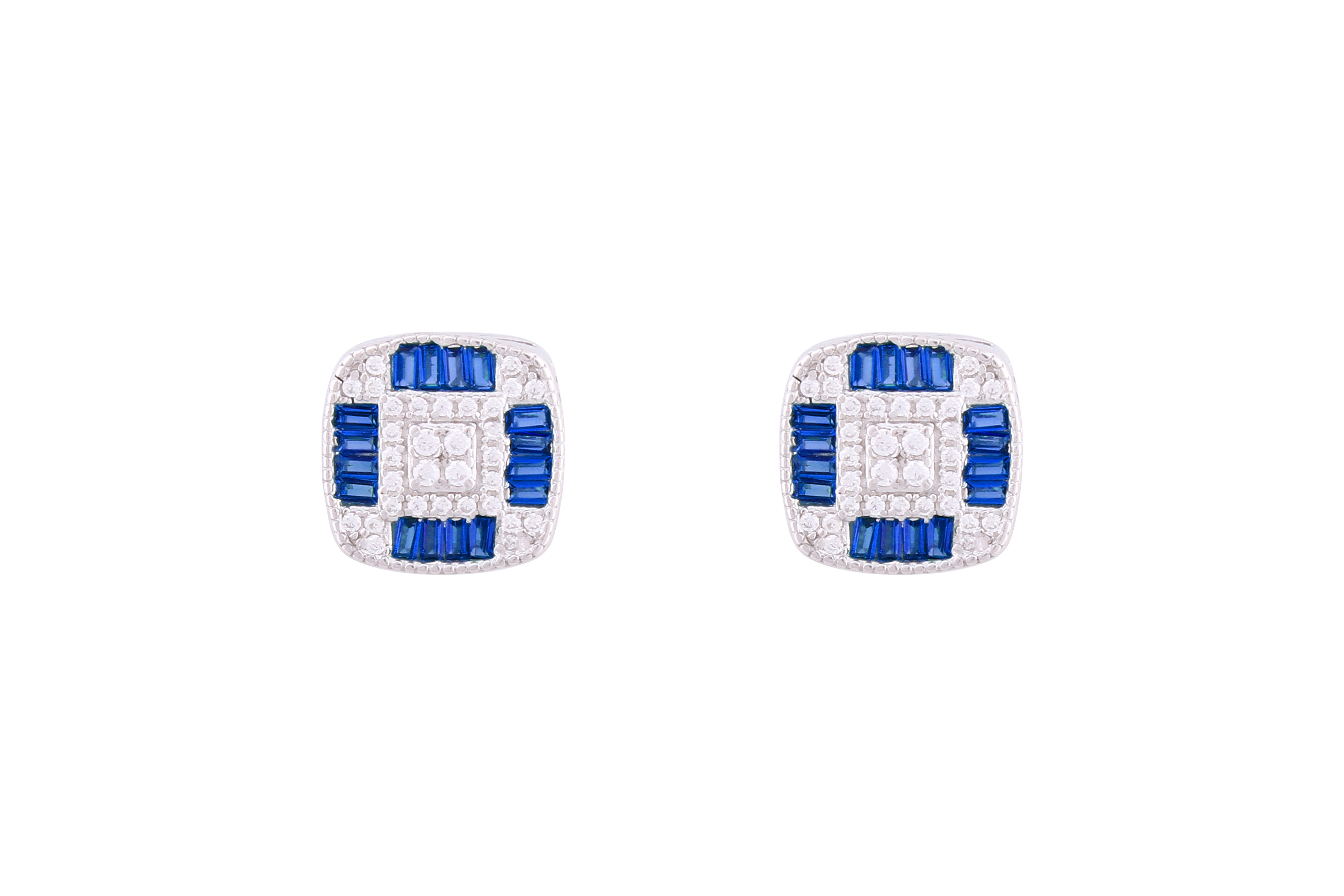 Asfour Crystal Stud Earrings With Blue Square Design In 925 Sterling Silver ED0104-WB