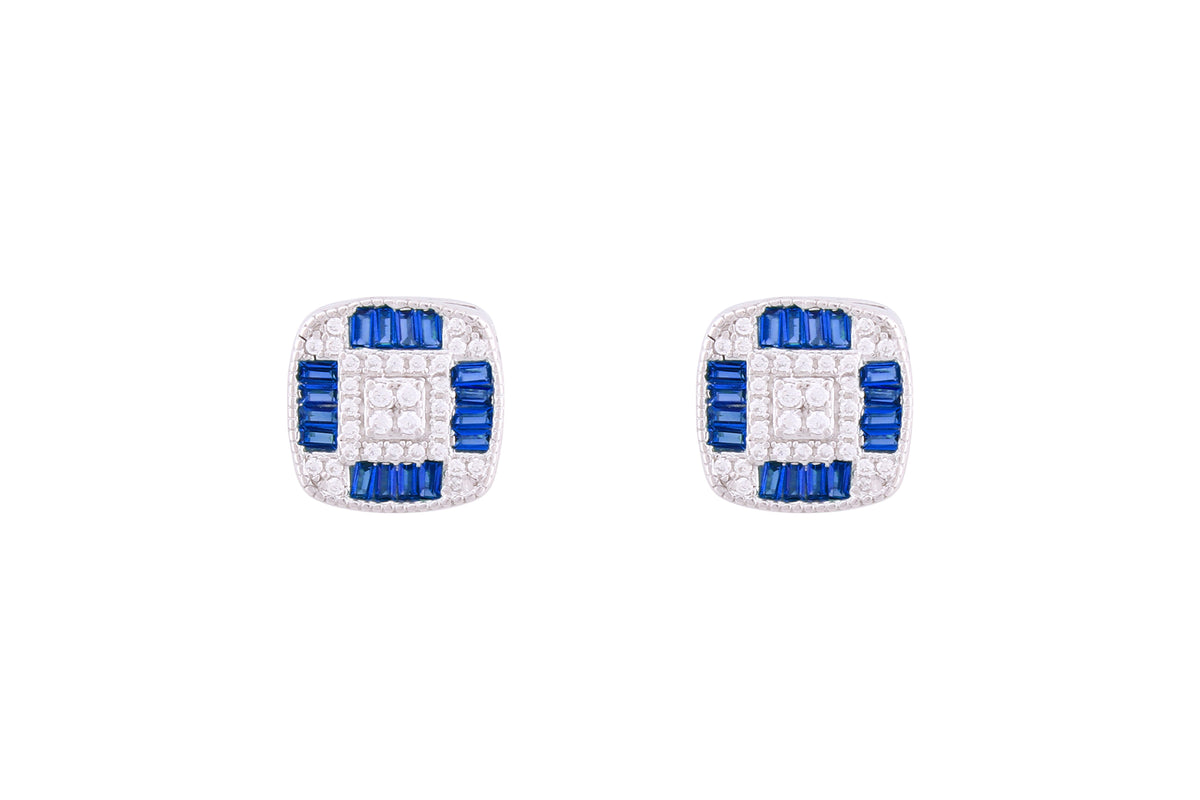 Asfour Crystal Stud Earrings With Blue Square Design In 925 Sterling Silver ED0104-WB