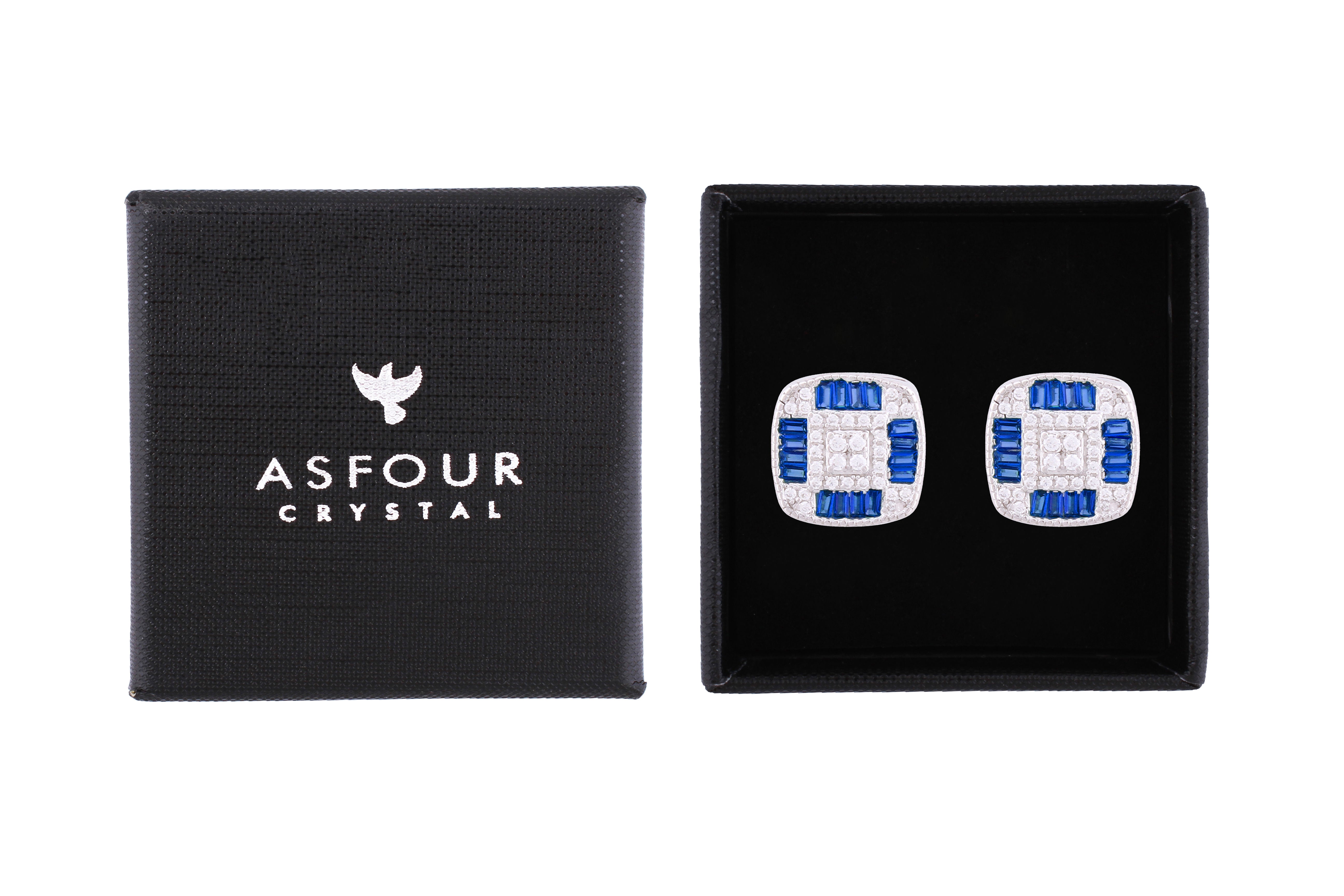 Asfour Crystal Stud Earrings With Blue Square Design In 925 Sterling Silver ED0104-WB