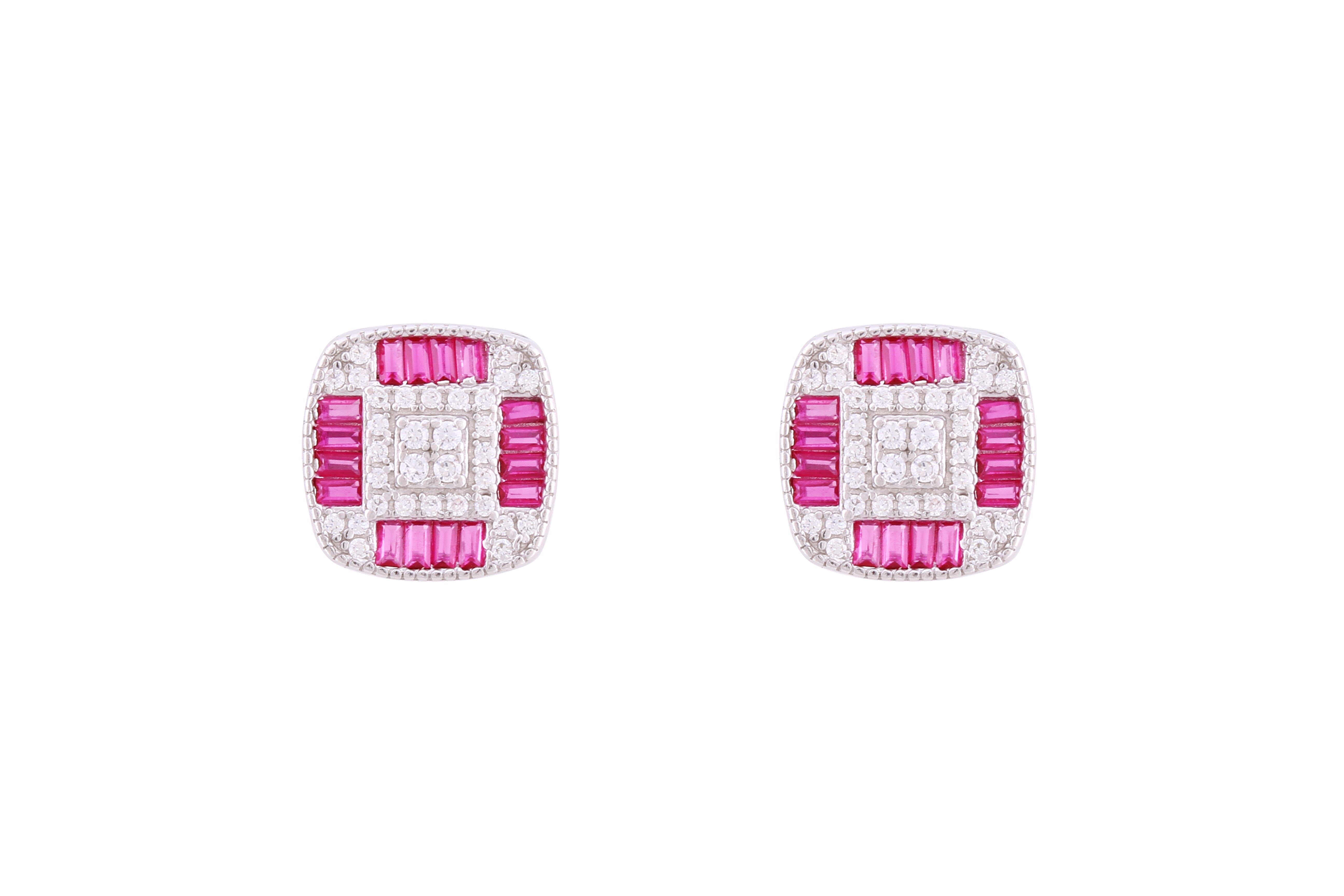 Asfour Crystal Stud Earrings With Fuchsia Square Design In 925 Sterling Silver ED0104-WF