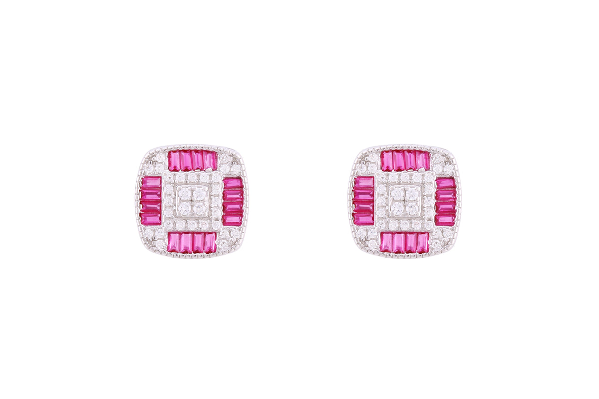 Asfour Crystal Stud Earrings With Fuchsia Square Design In 925 Sterling Silver ED0104-WF