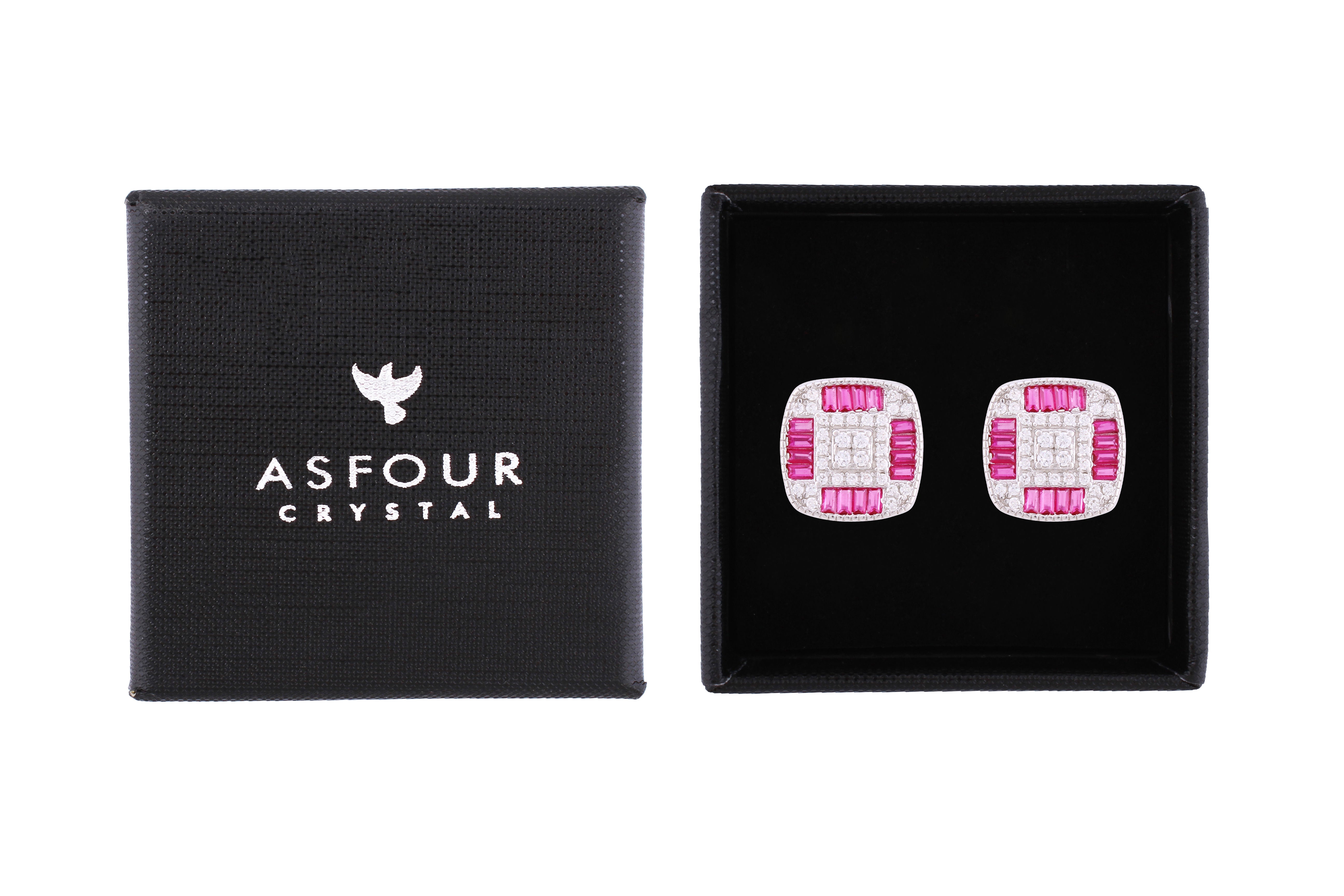 Asfour Crystal Stud Earrings With Fuchsia Square Design In 925 Sterling Silver ED0104-WF