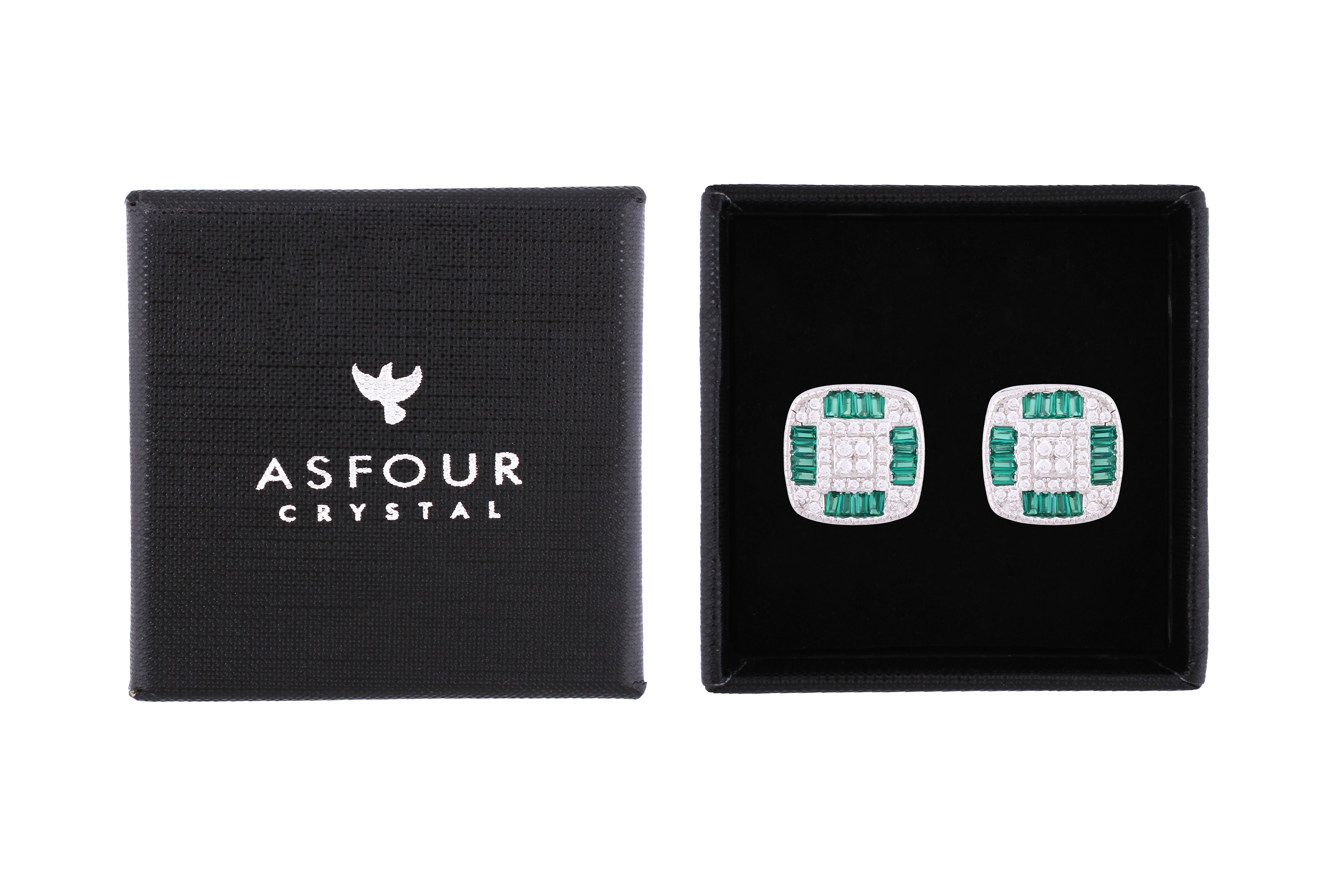 Asfour Crystal Stud Earrings With Emerald Square Design In 925 Sterling Silver ED0104-WG