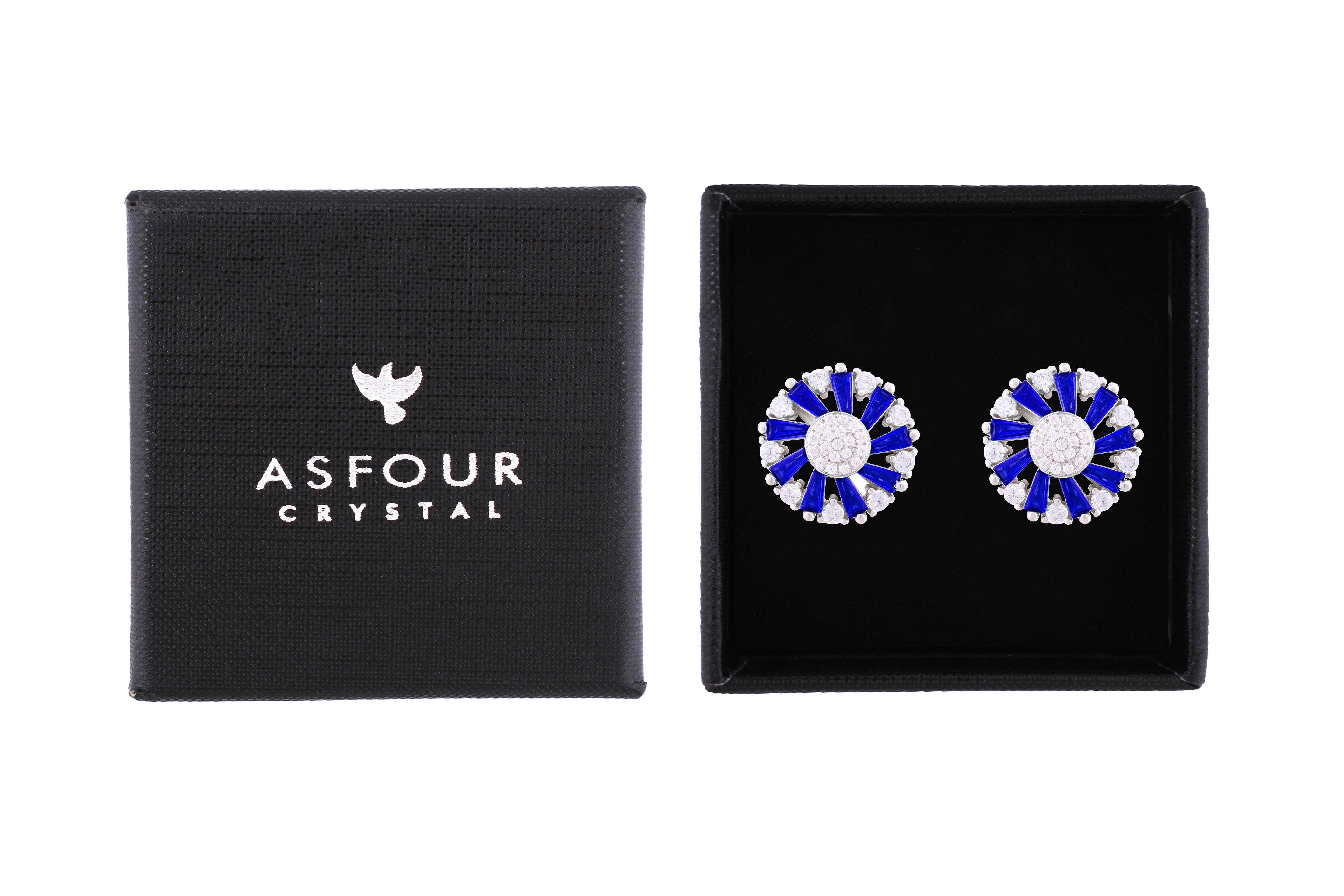 Asfour Crystal Stud Earrings With Blue Circle Design In 925 Sterling Silver ED0105-WB