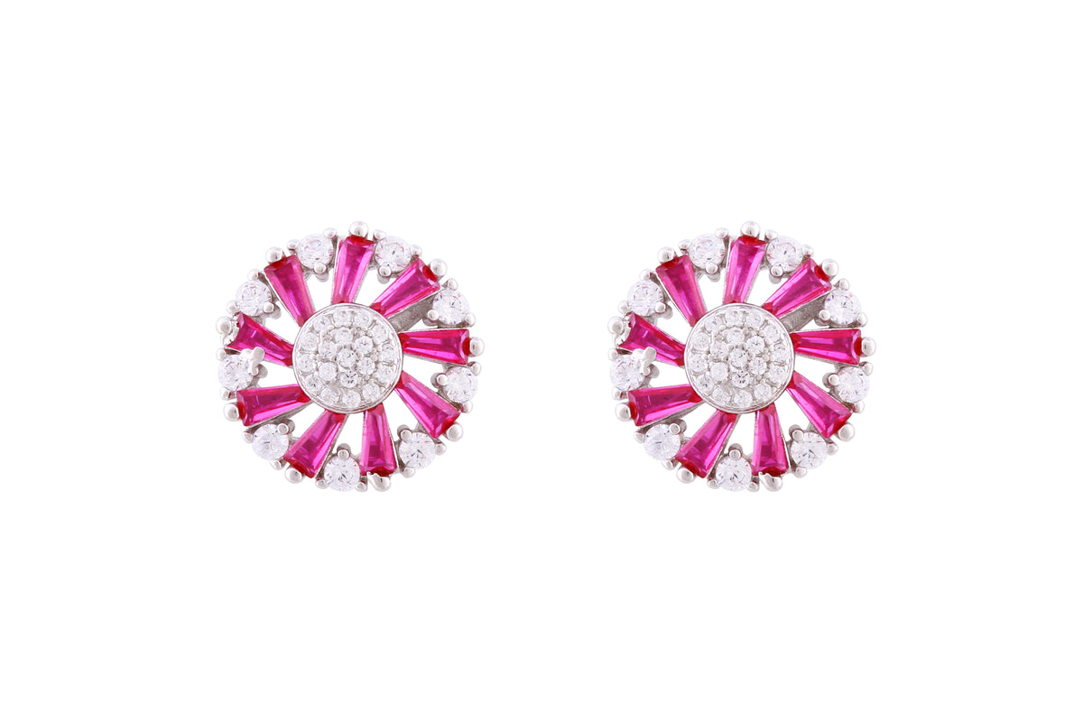 Asfour Crystal Stud Earrings With Fuchsia Circle Design In 925 Sterling Silver ED0105-WF