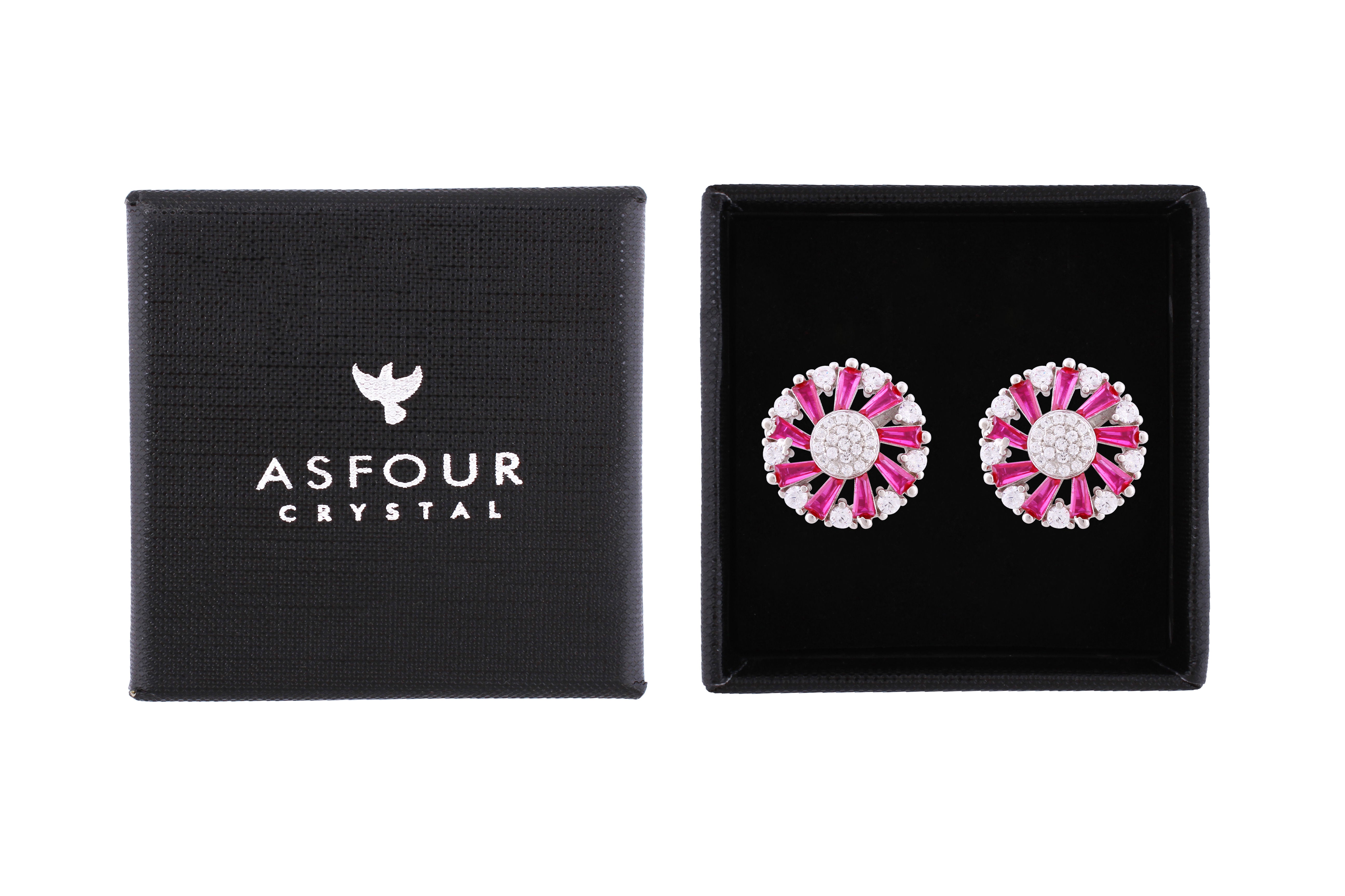 Asfour Crystal Stud Earrings With Fuchsia Circle Design In 925 Sterling Silver ED0105-WF