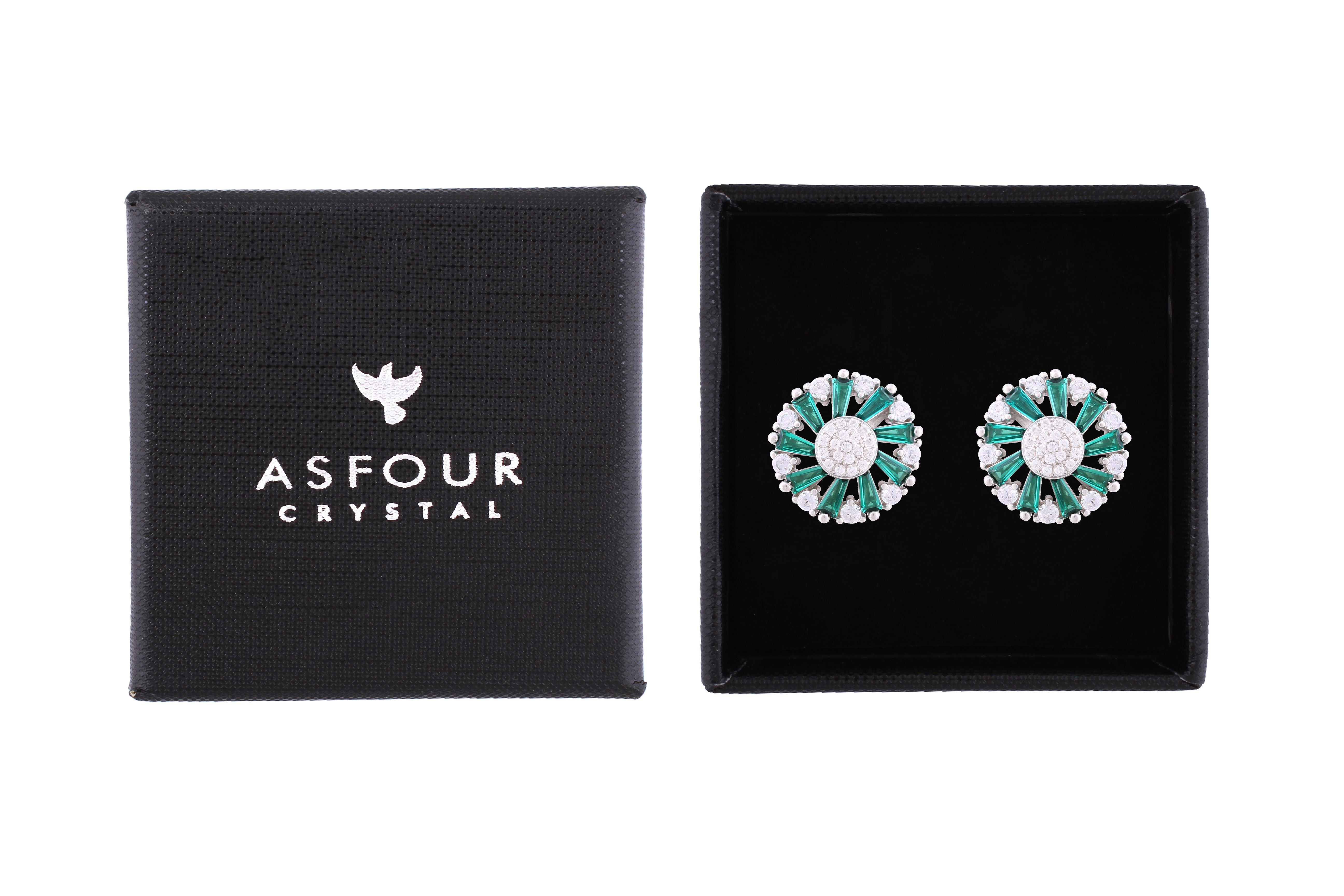 Asfour Crystal Stud Earrings With Emerald Circle Design In 925 Sterling Silver ED0105-WG