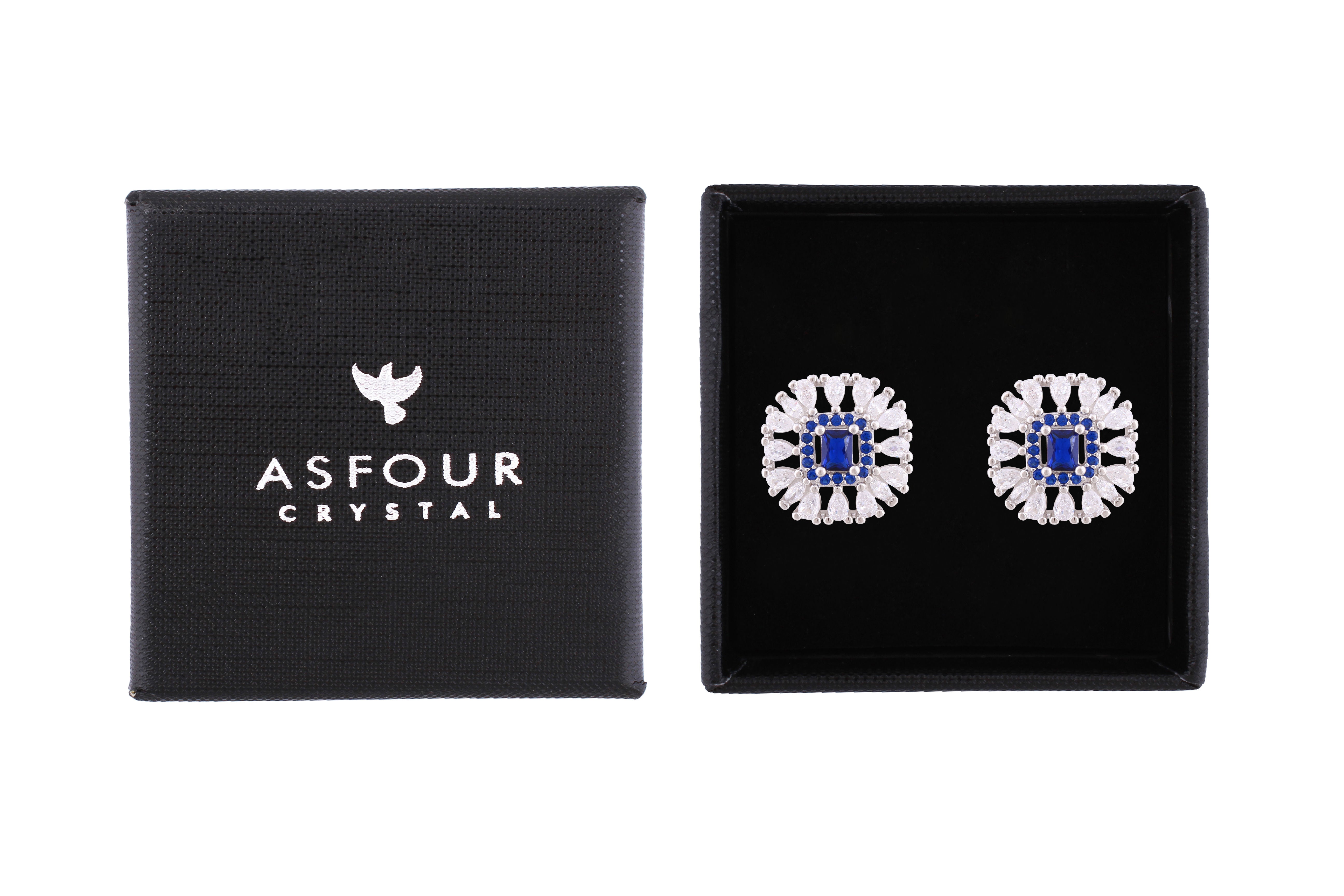 Asfour Crystal Stud Earrings With Blue Square Shape Inlaid With Zircon In 925 Sterling Silver ED0106-WB