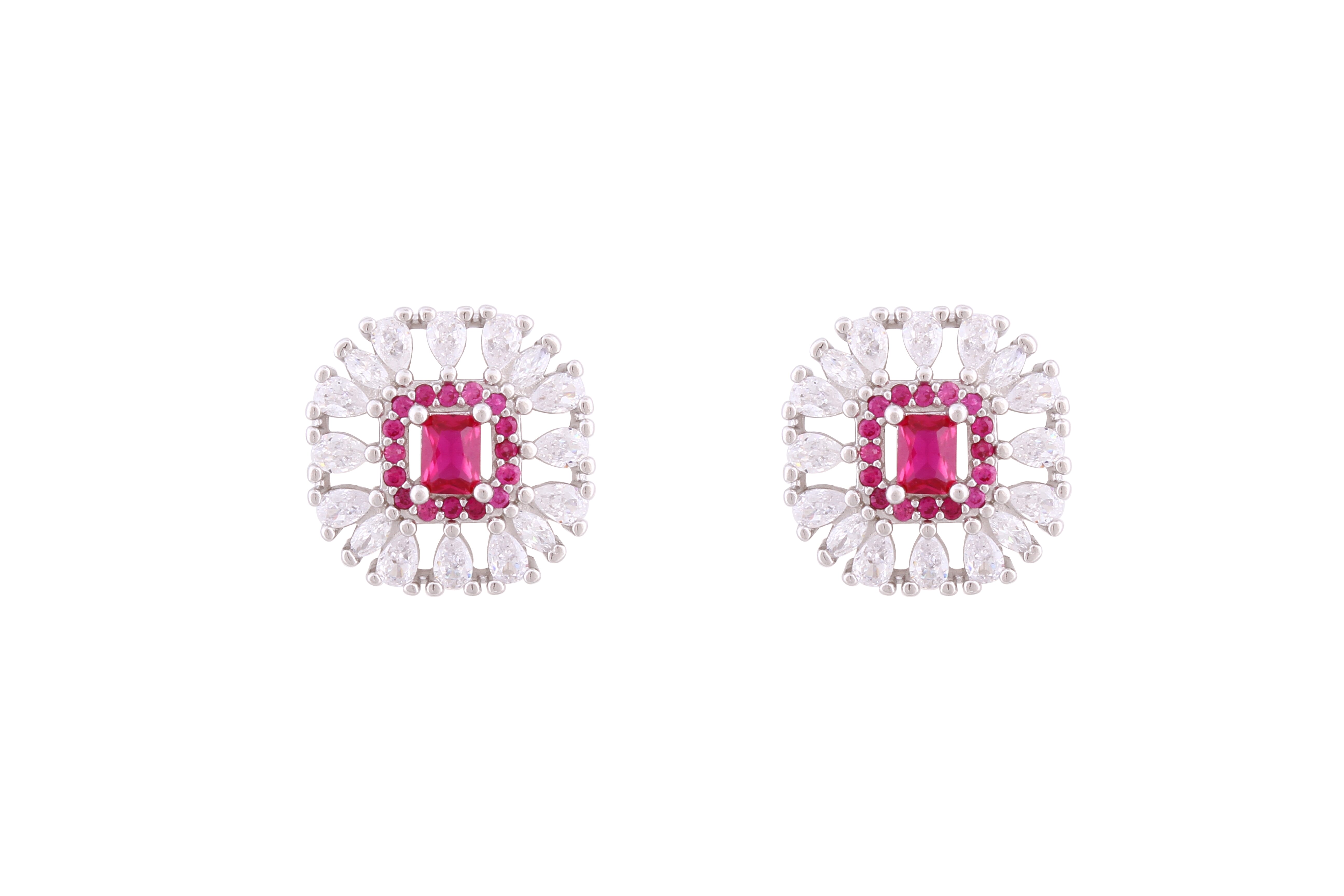 Asfour Crystal Stud Earrings With Fuchsia Square Shape In 925 Sterling Silver ED0106-WF