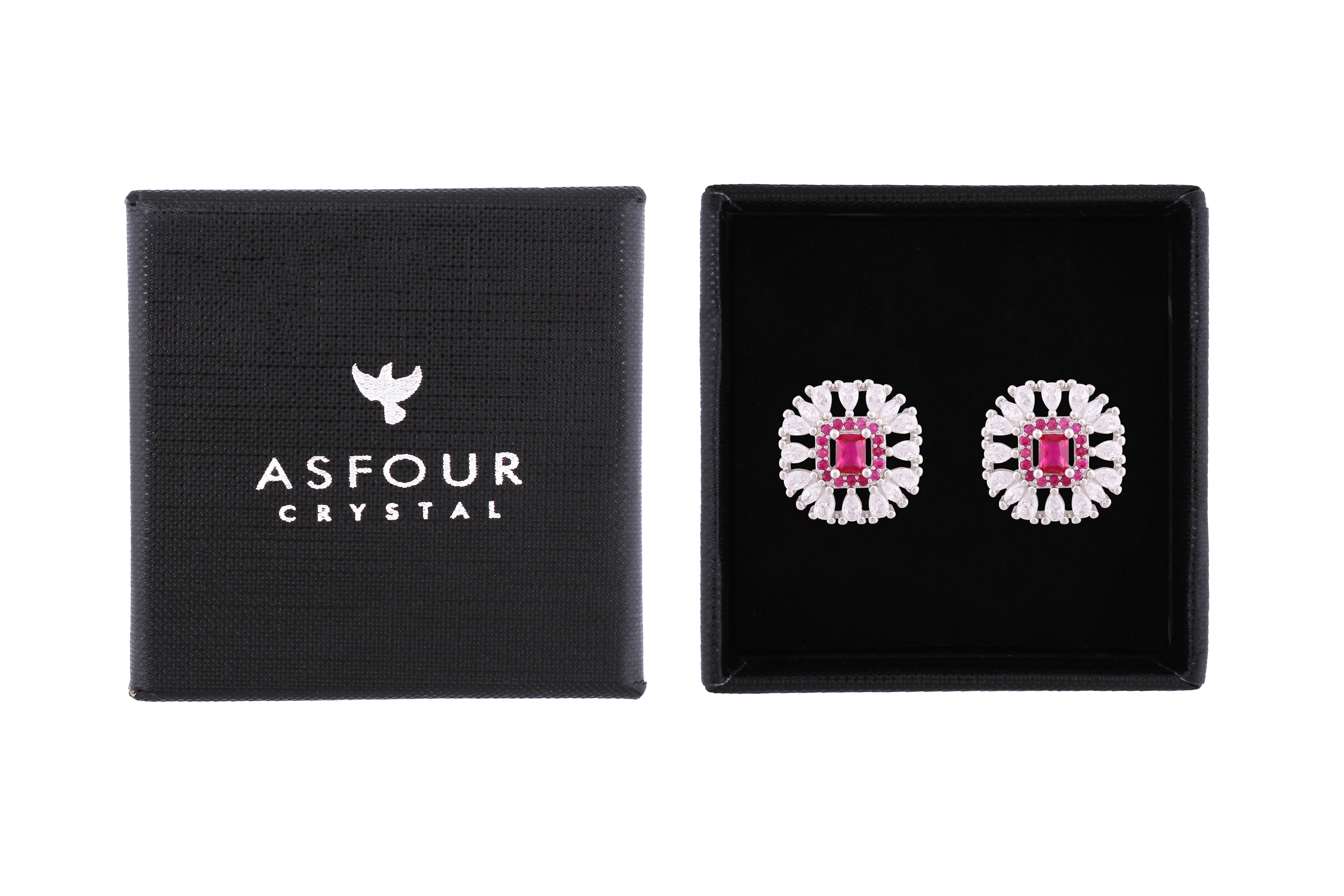 Asfour Crystal Stud Earrings With Fuchsia Square Shape In 925 Sterling Silver ED0106-WF