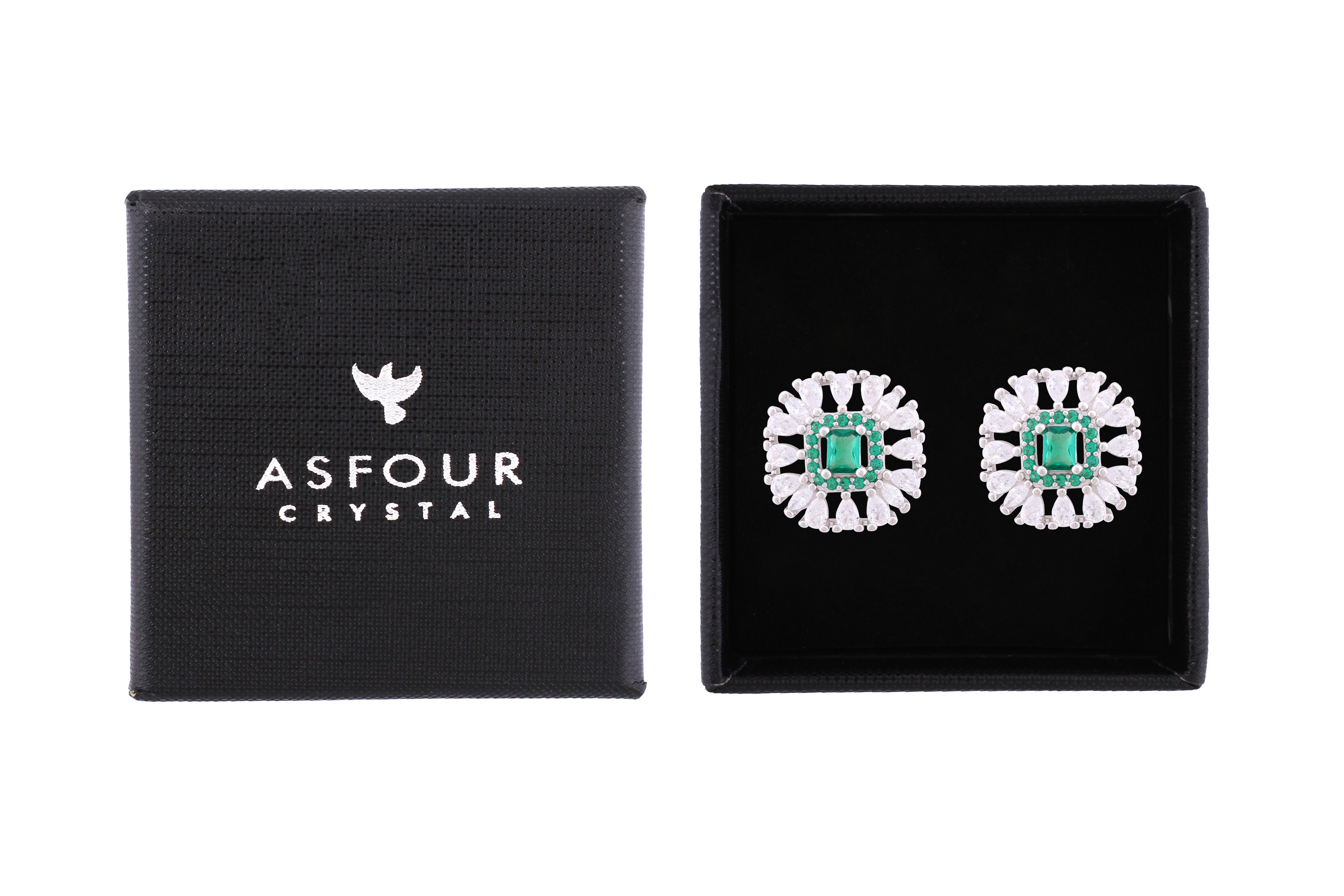 Asfour Crystal Stud Earrings With Emerald Square Shape In 925 Sterling Silver ED0106-WG