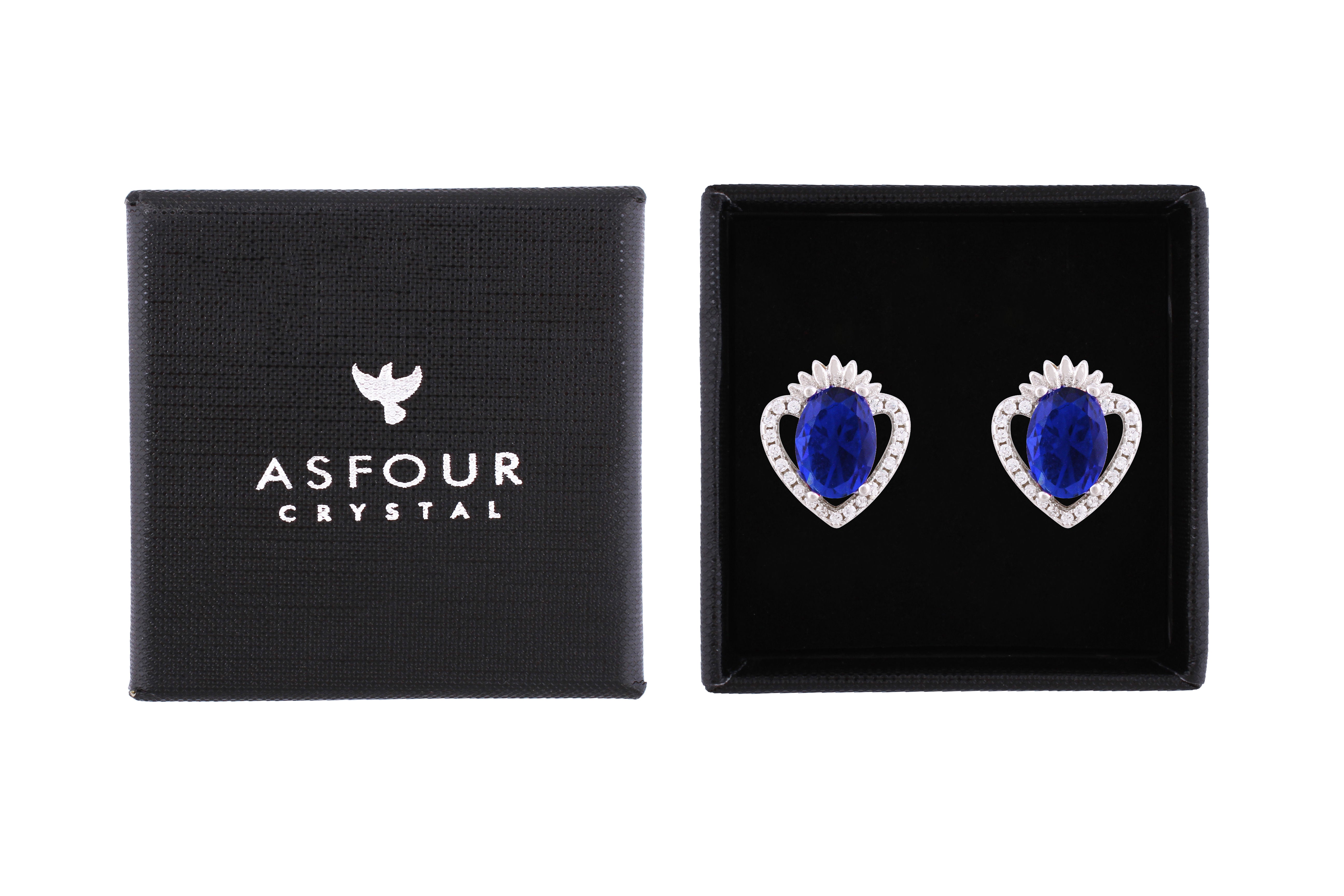 Asfour Crystal Stud Earrings With Blue Heart Design In 925 Sterling Silver ED0107-B