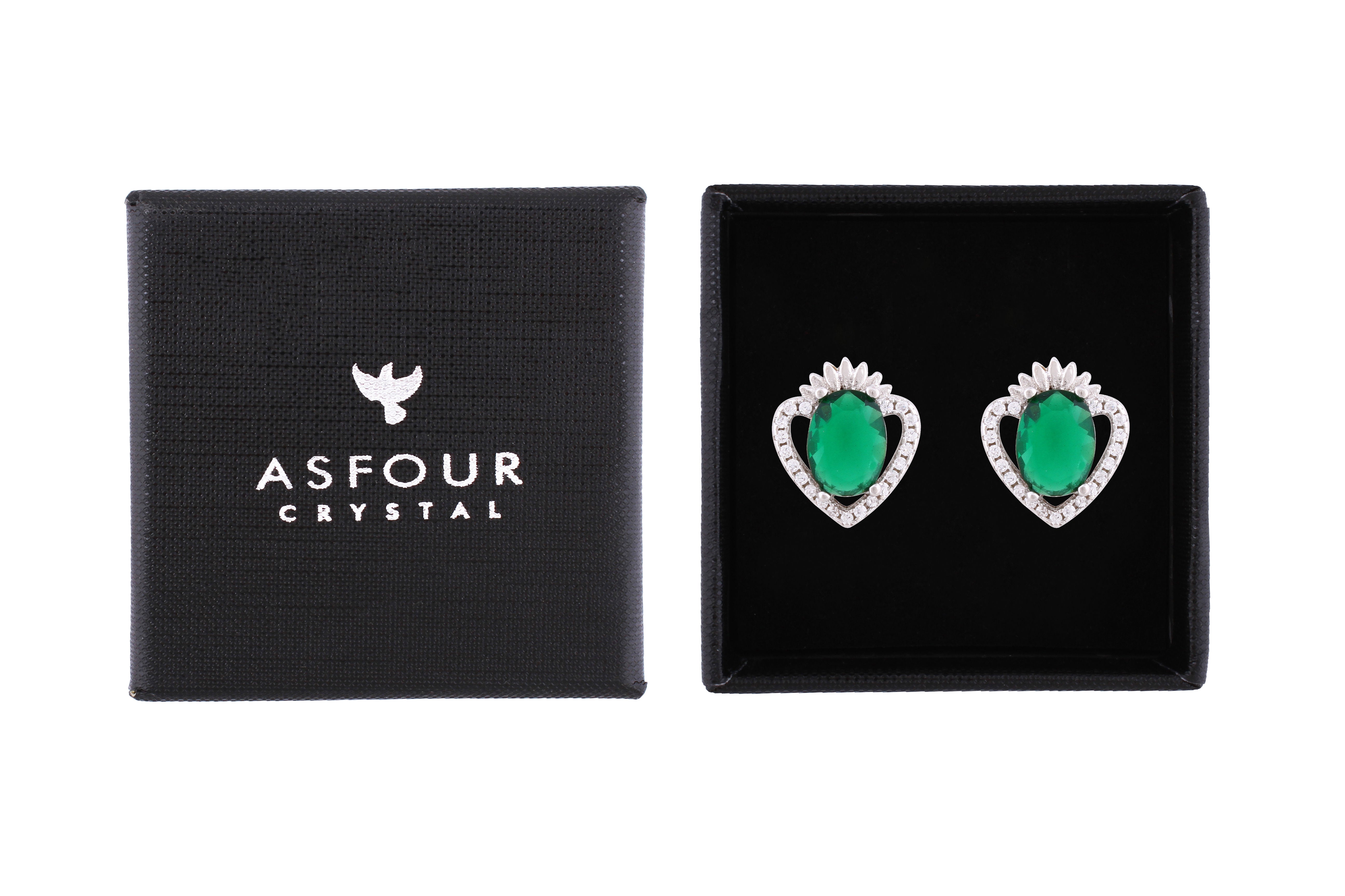 Asfour Crystal Stud Earrings With Emerald Heart Design In 925 Sterling Silver ED0107-G