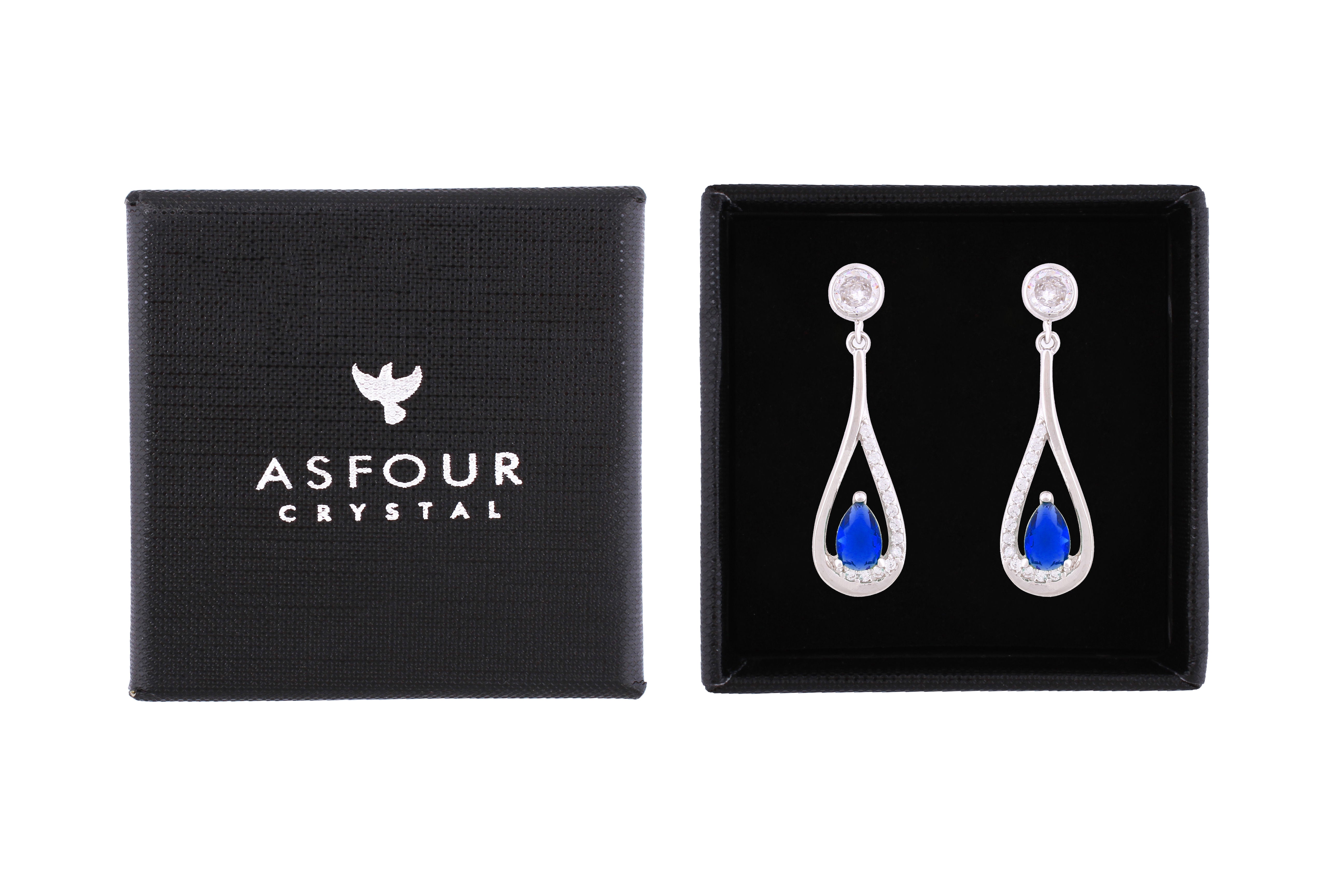 Asfour Crystal Stud Earrings Inlaid With Pear Cut Blue Zircon In 925 Sterling Silver ED0108-WB