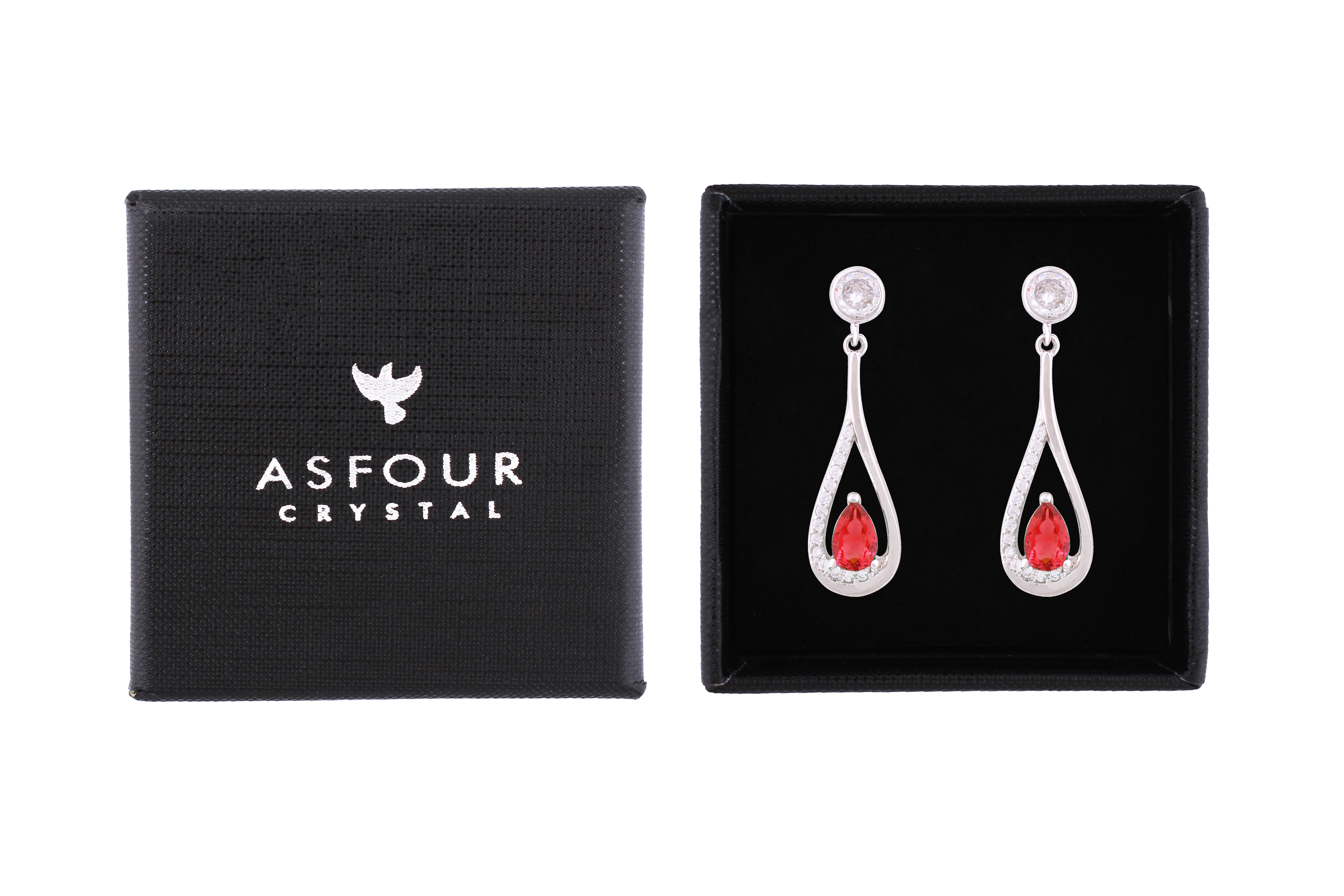 Asfour Crystal Stud Earrings Inlaid With Pear Cut Fuchsia Zircon In 925 Sterling Silver ED0108-WF