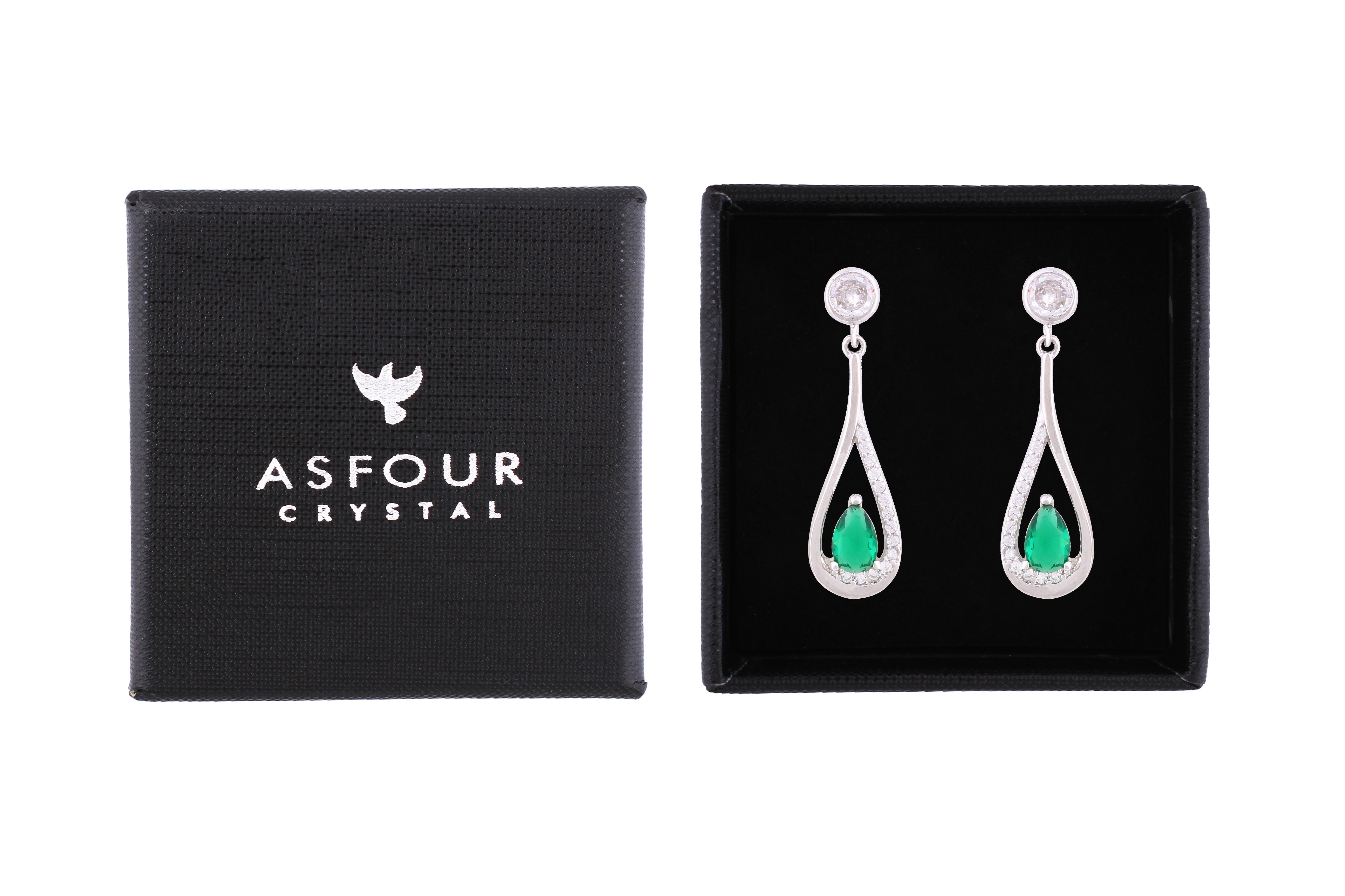 Asfour Crystal Stud Earrings Inlaid With Pear Cut Emerald Zircon In 925 Sterling Silver ED0108-WG