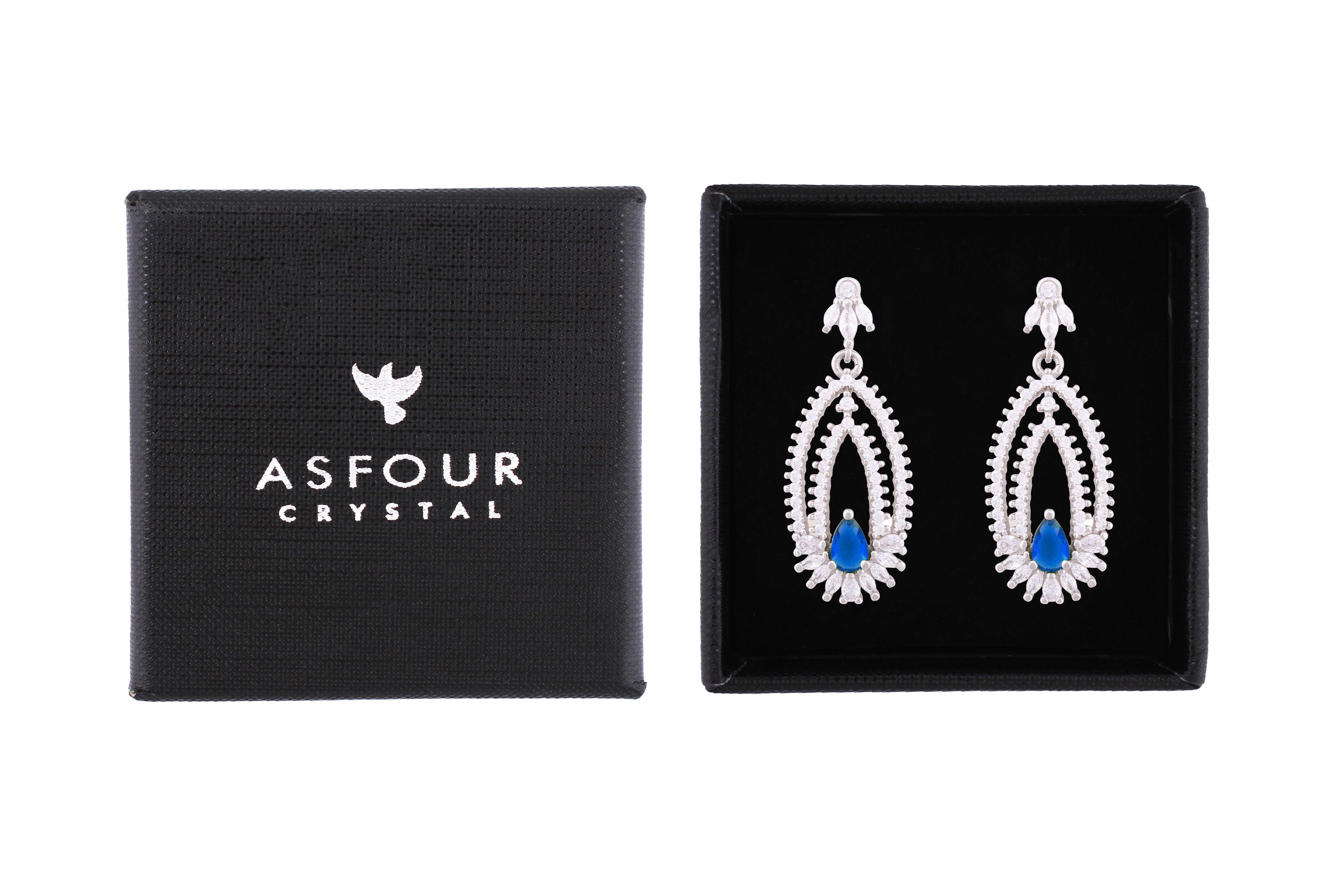 Asfour Crystal Stud Earrings With Blue Decorative Design In 925 Sterling Silver ED0109-WB