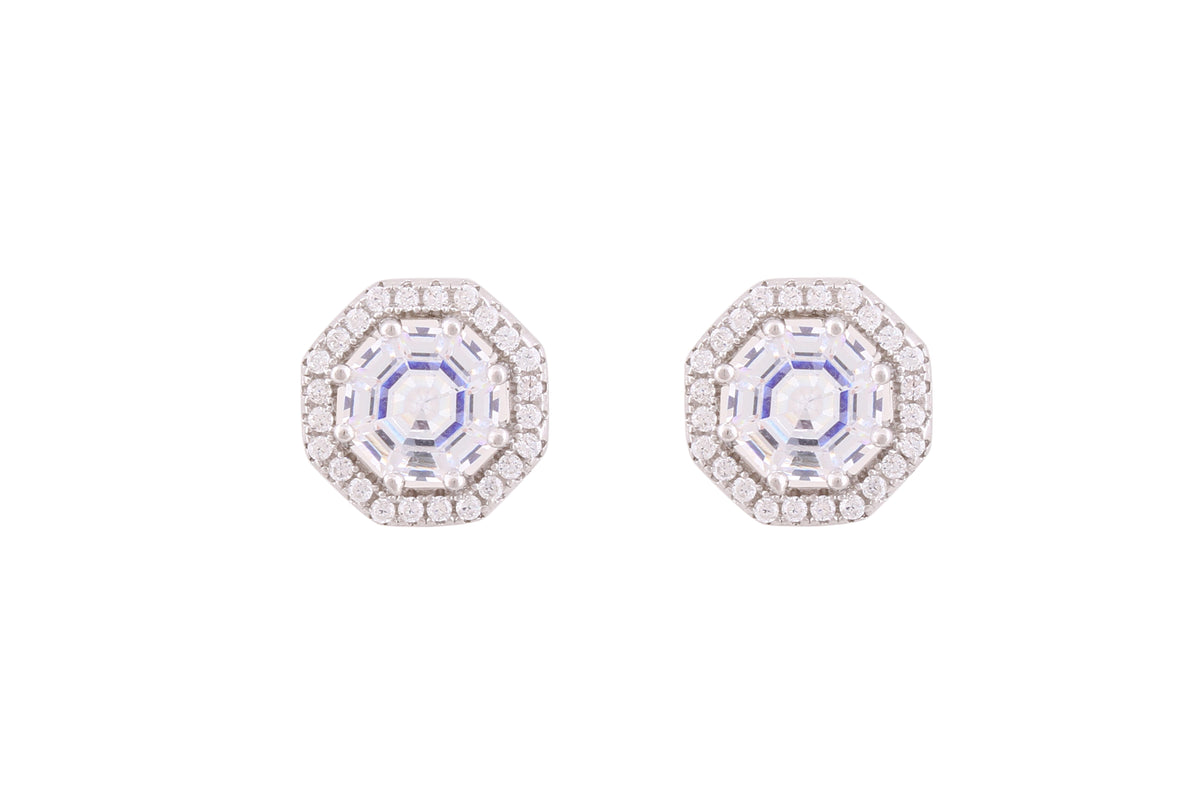 Asfour Crystal Stud Earrings With Octagon Design Inlaid With Zircon In 925Sterling Silver-ED0111