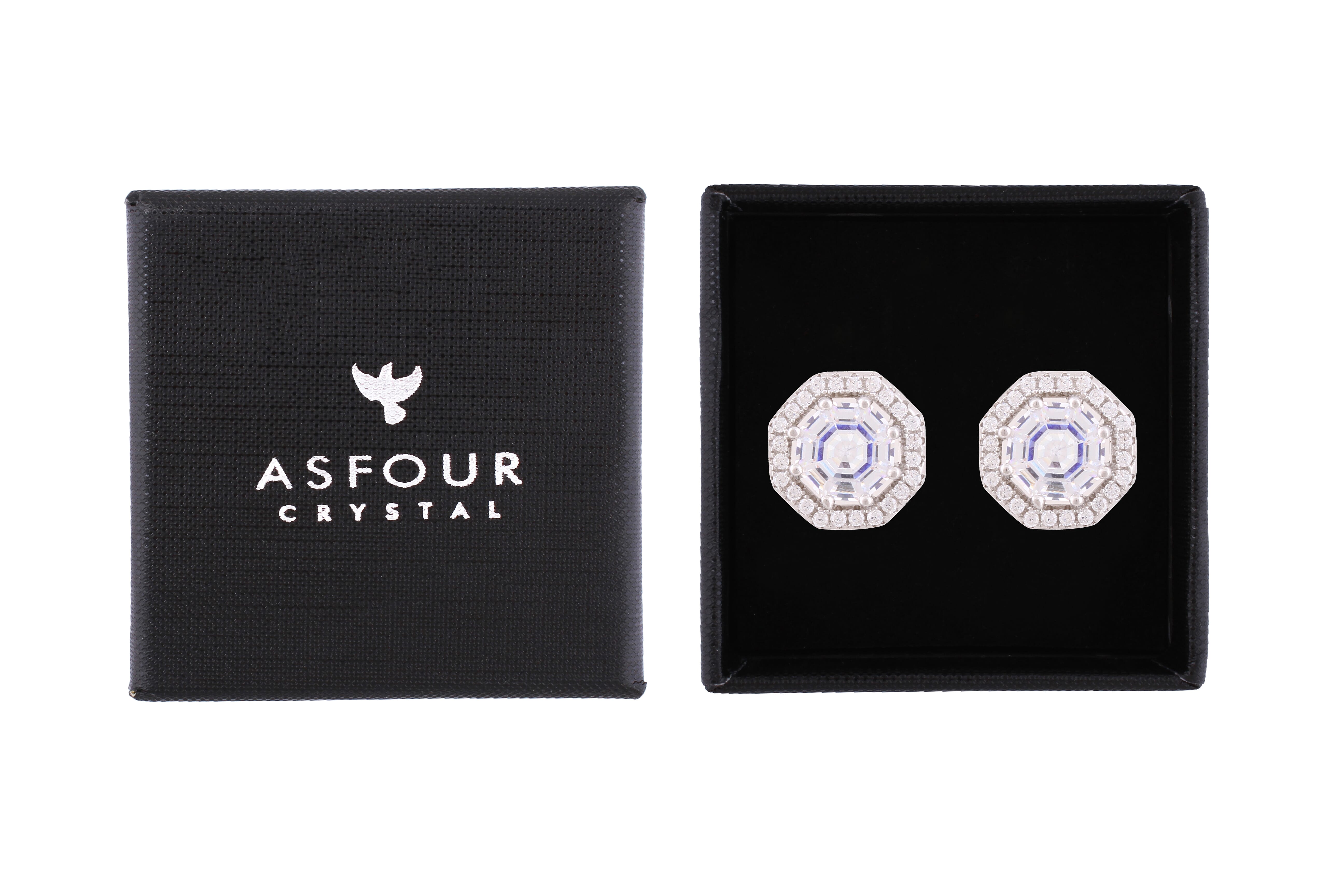 Asfour Crystal Stud Earrings With Octagon Design Inlaid With Zircon In 925Sterling Silver-ED0111