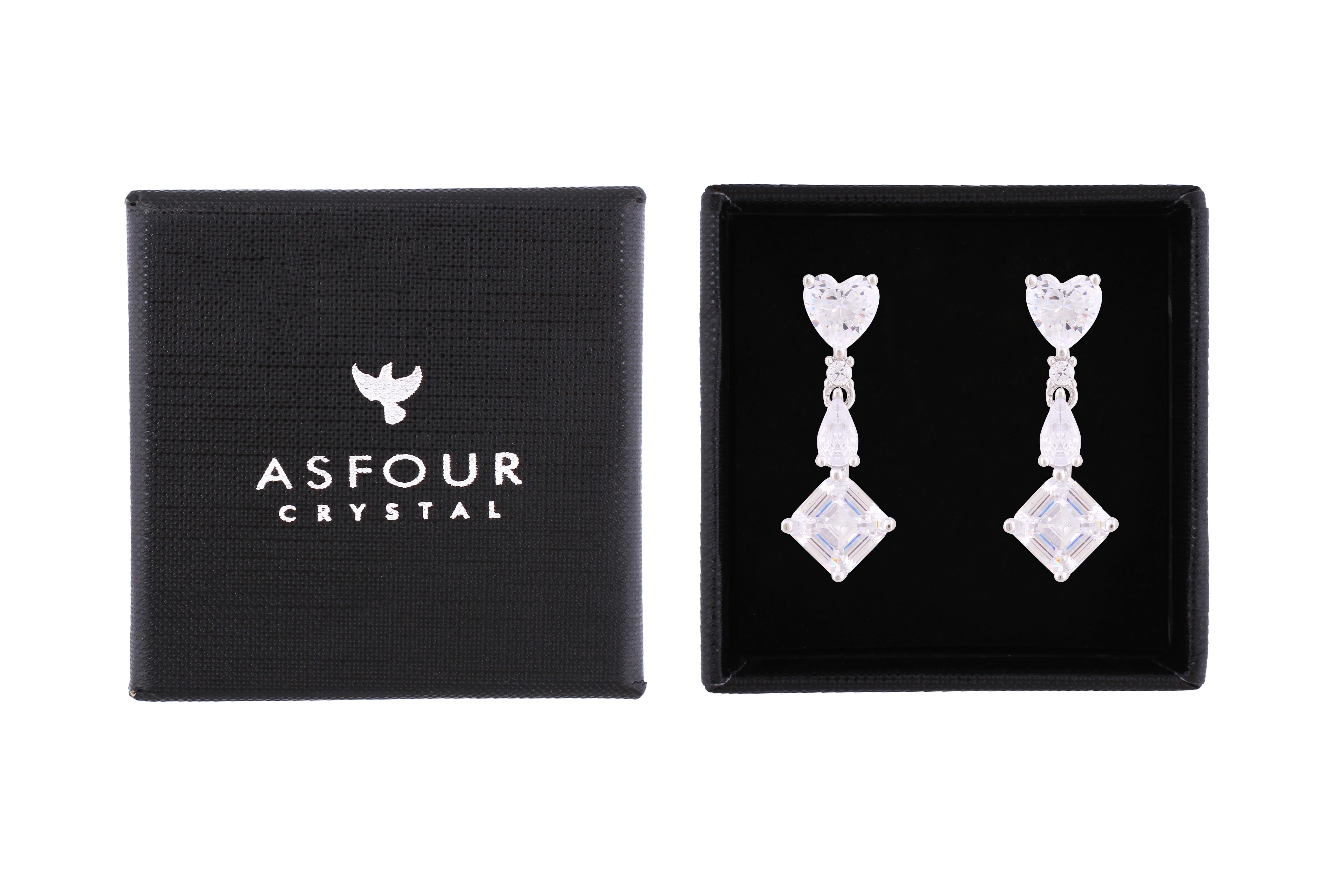 Asfour Crystal Stud Earrings With Heart Design In 925 Sterling Silver-ED0112