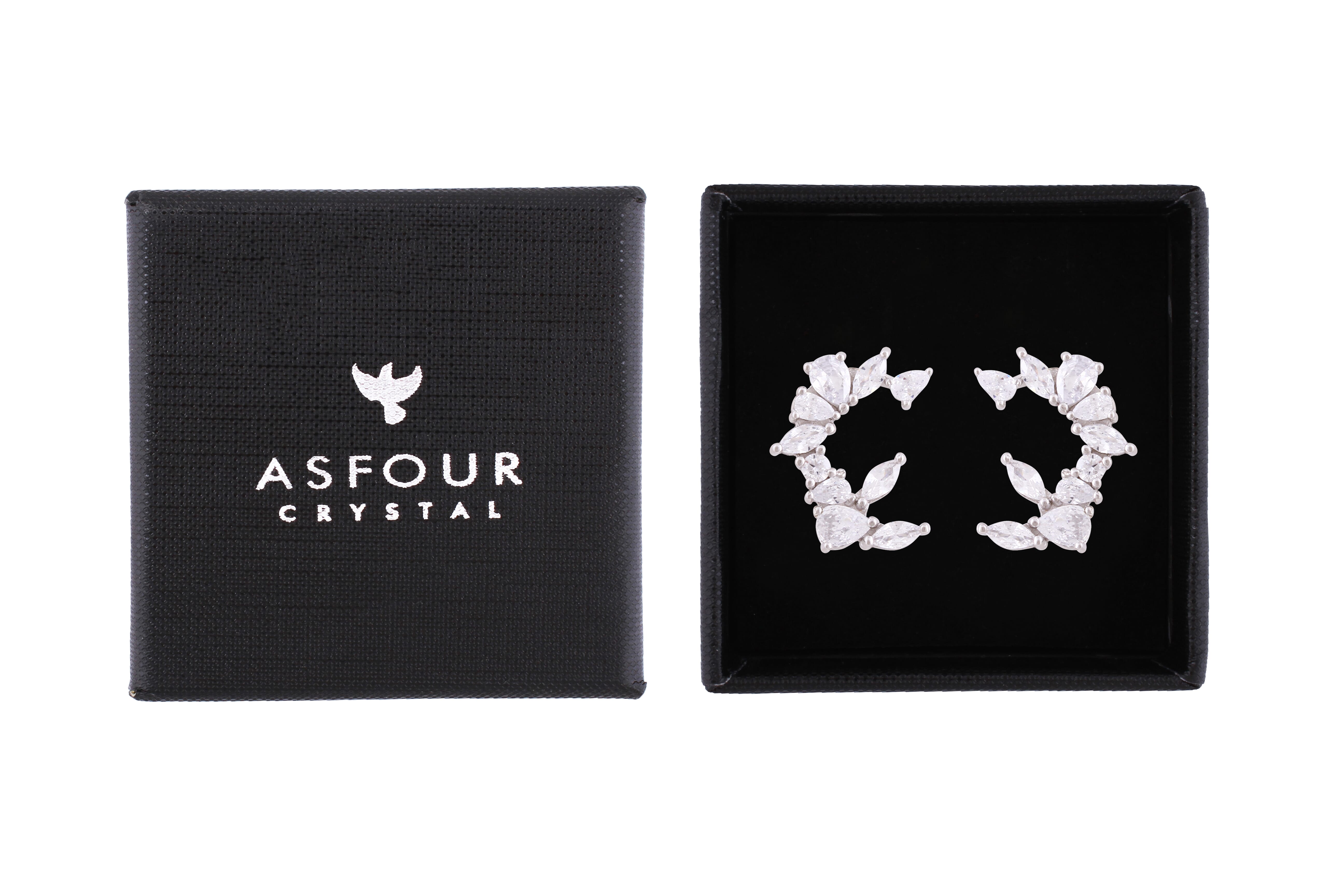 Asfour Crystal Stud Earrings With Art Deco Design In 925 Sterling Silver-ED0113