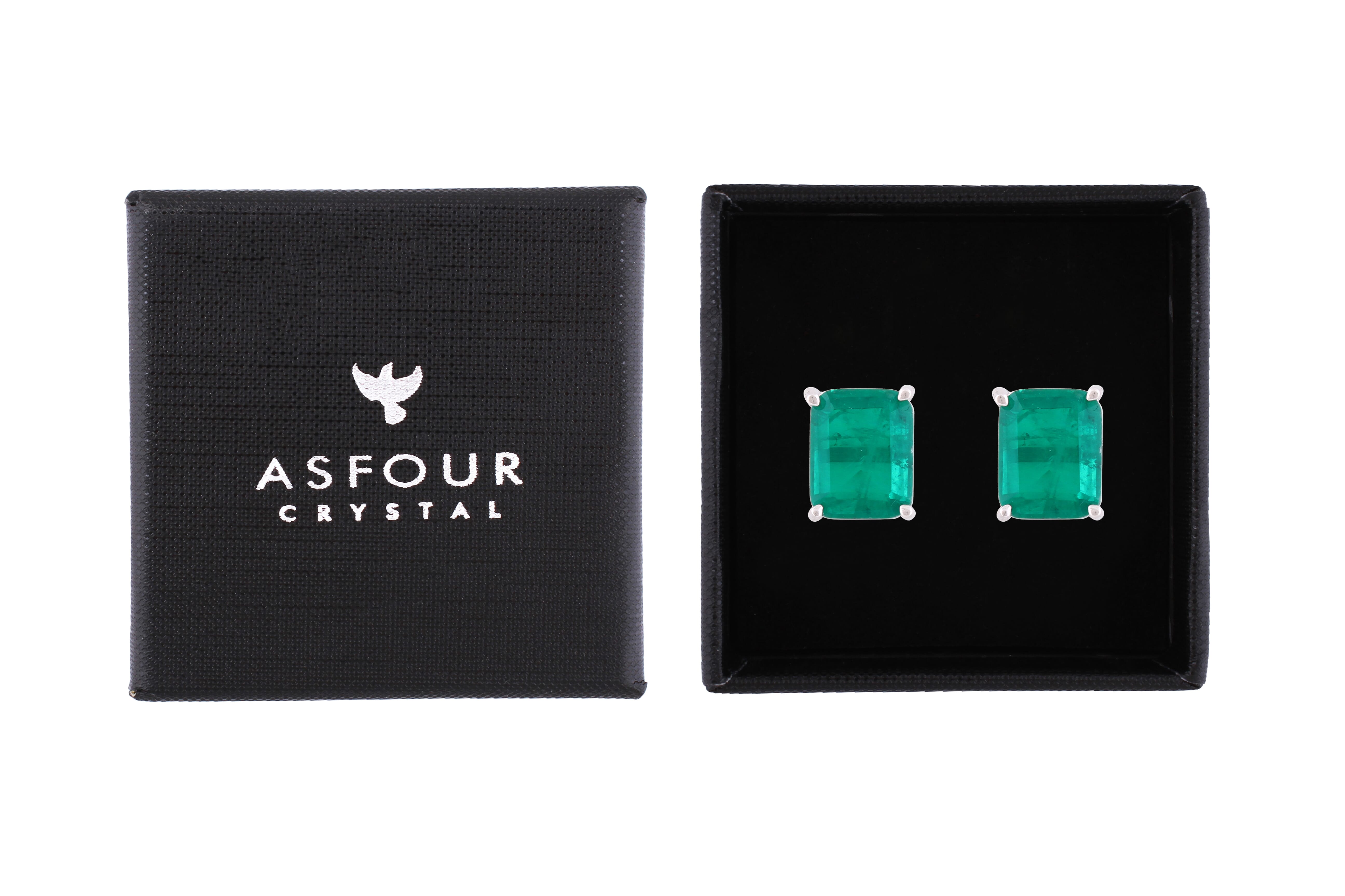 Asfour Crystal Stud Earrings With Emerald Zircon Stone In 925 Sterling Silver-ED0114-G