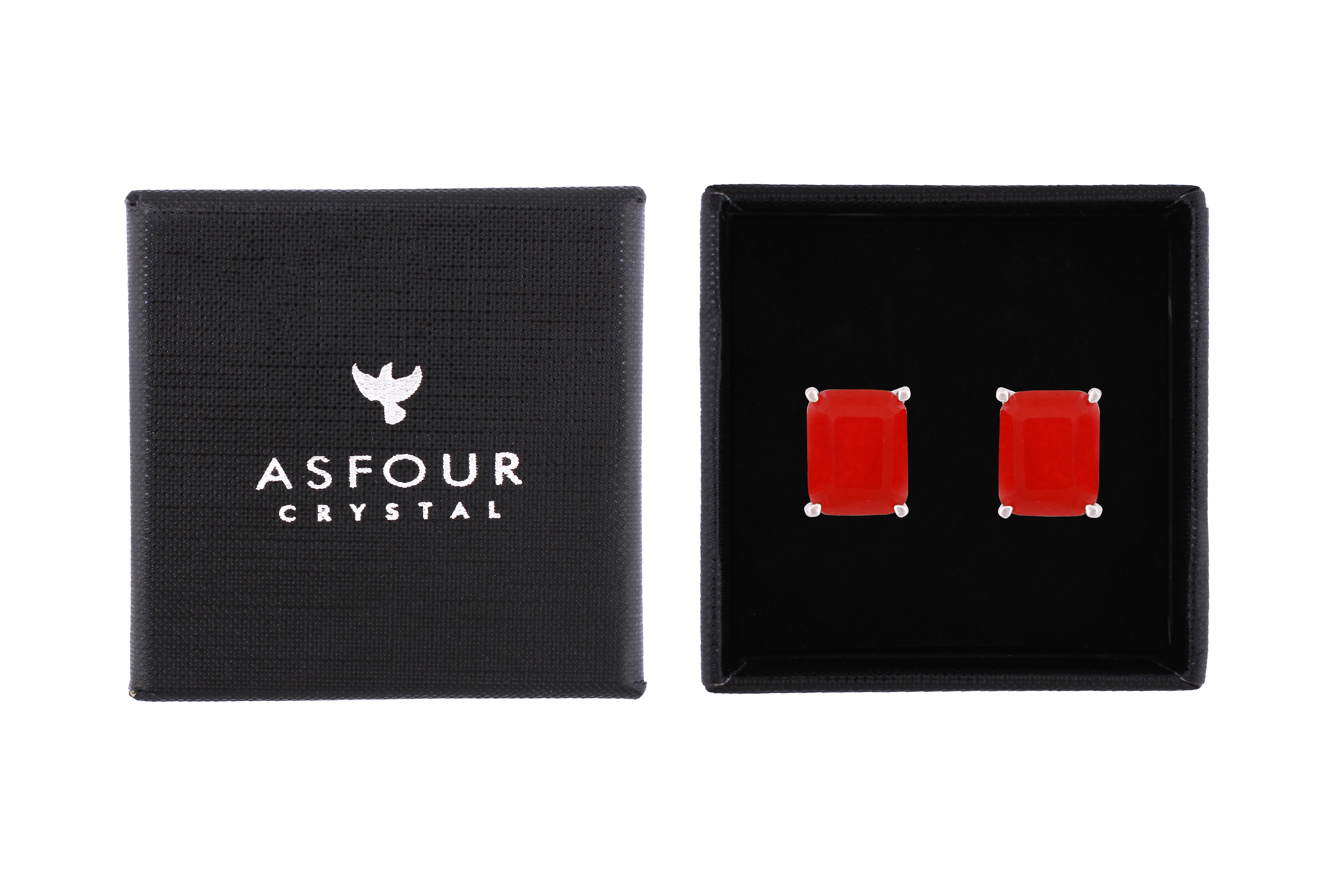 Asfour Crystal Stud Earrings With Emerald Cut Ruby Zircon Stone In 925 Sterling Silver-ED0114-R