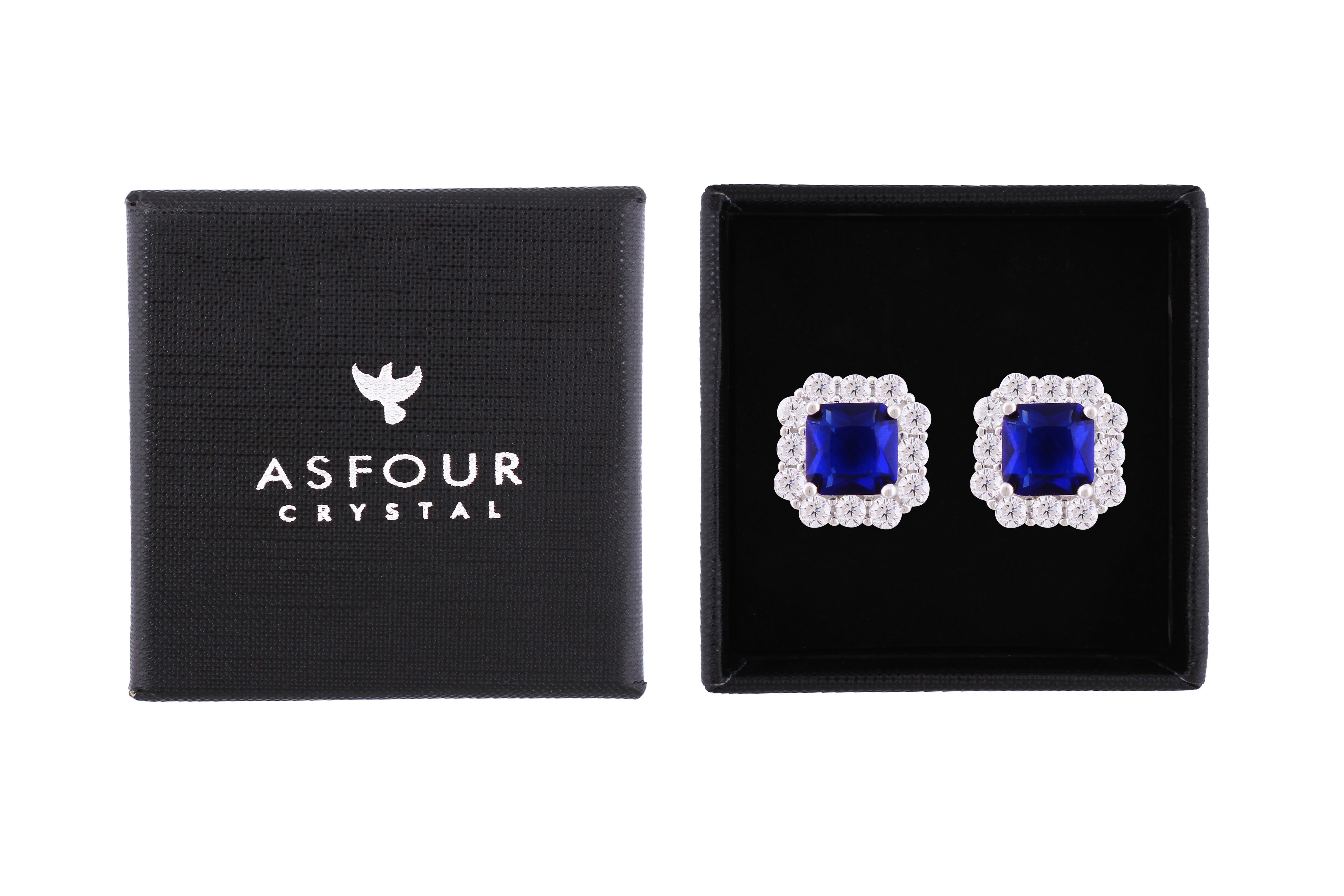 Asfour Crystal Stud Earrings With Emerald Square Design In 925 Sterling Silver-ED0115-B