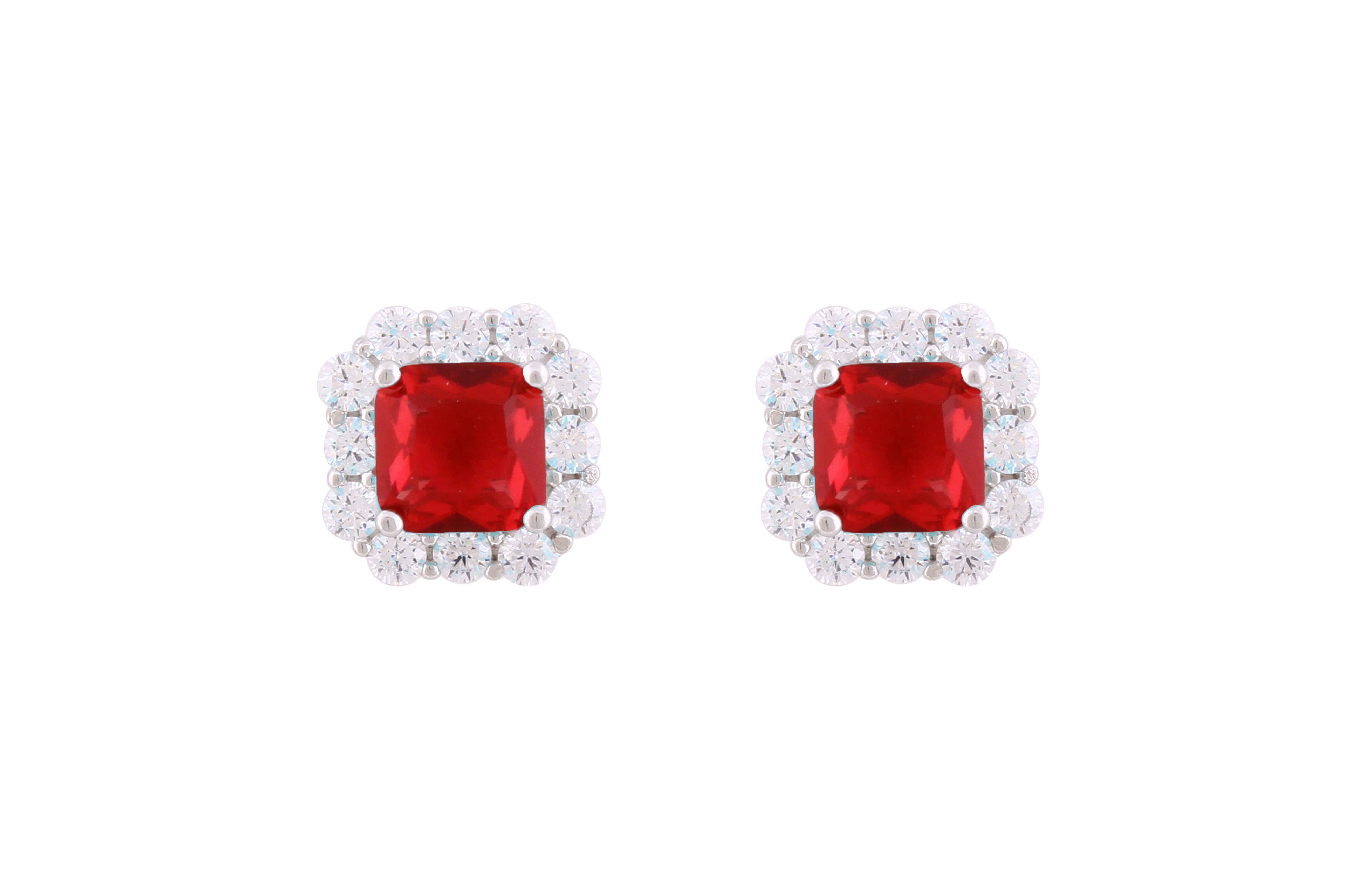 Asfour Crystal Stud Earrings With Fuchsia Ascher Cut Zircon In 925 Sterling Silver-ED0115-F