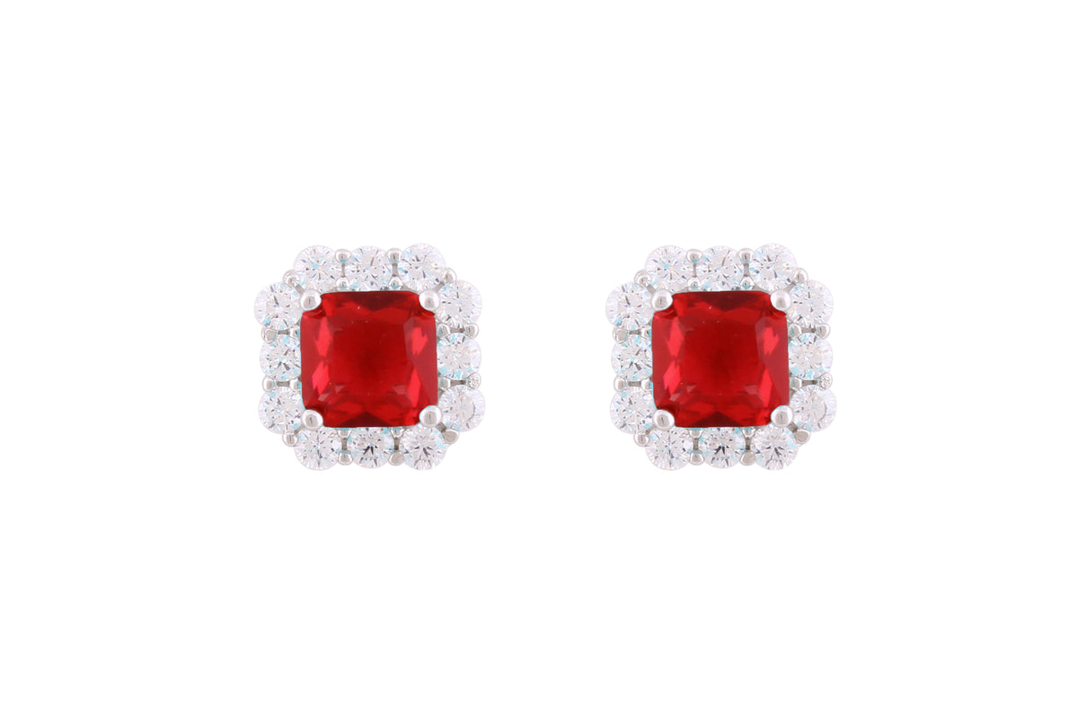 Asfour Crystal Stud Earrings With Fuchsia Ascher Cut Zircon In 925 Sterling Silver-ED0115-F