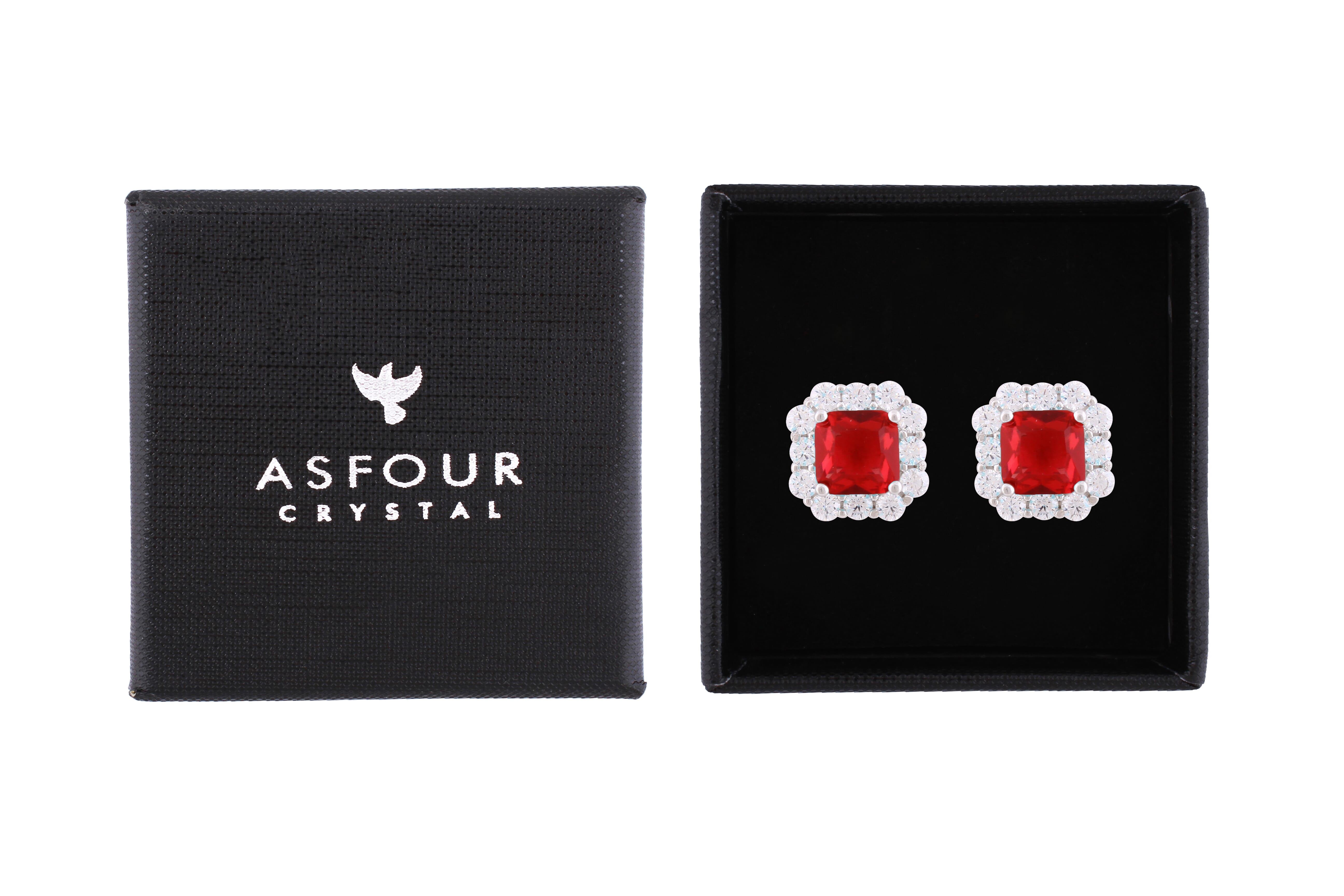 Asfour Crystal Stud Earrings With Fuchsia Ascher Cut Zircon In 925 Sterling Silver-ED0115-F