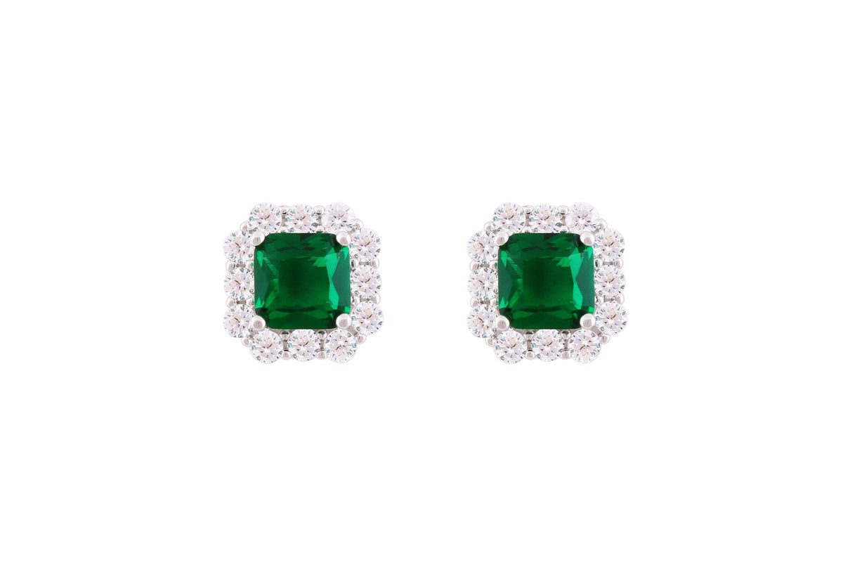 Asfour Crystal Stud Earrings With Ascher Cut Emerald Zircon In 925 Sterling Silver-ED0115-G