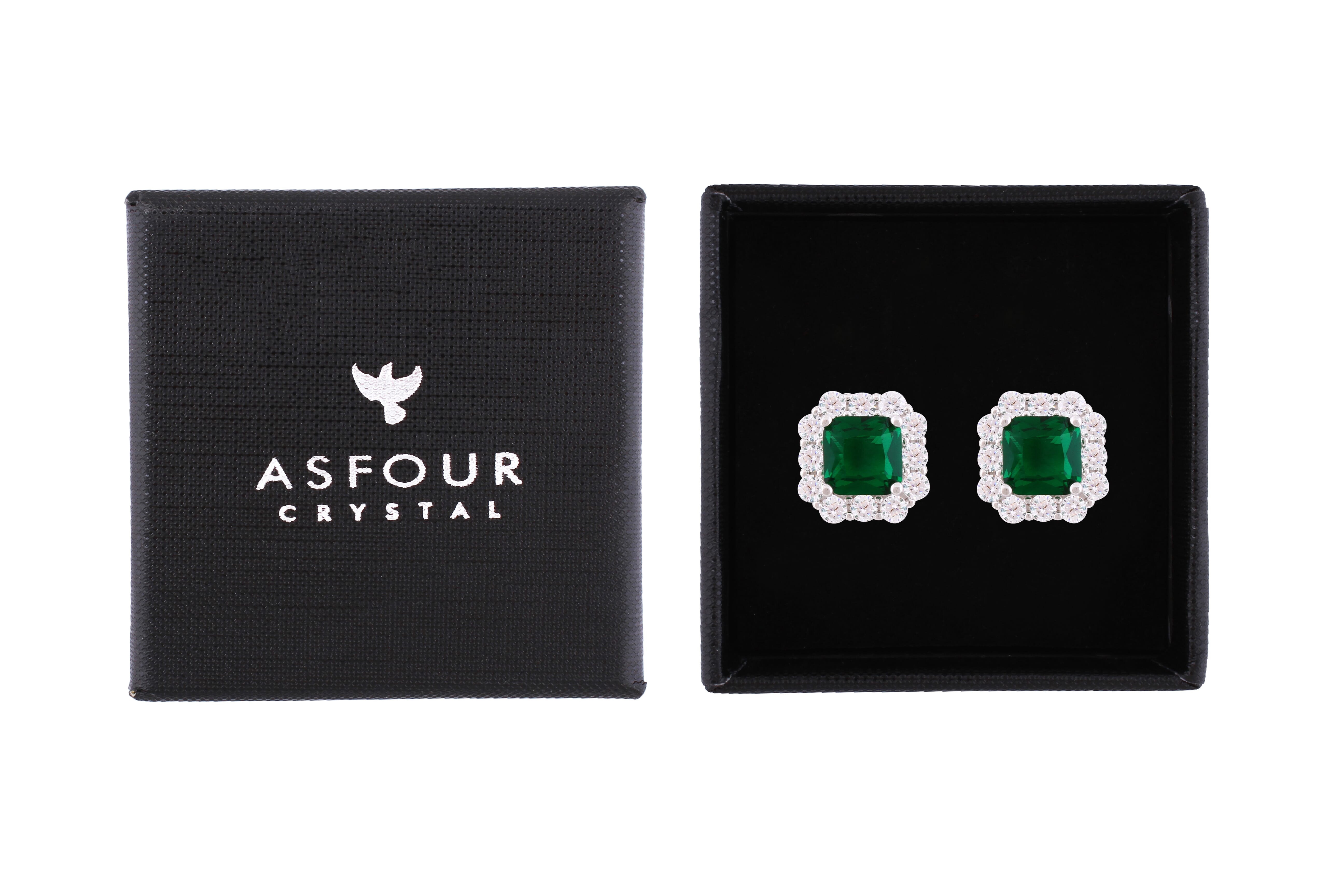 Asfour Crystal Stud Earrings With Ascher Cut Emerald Zircon In 925 Sterling Silver-ED0115-G