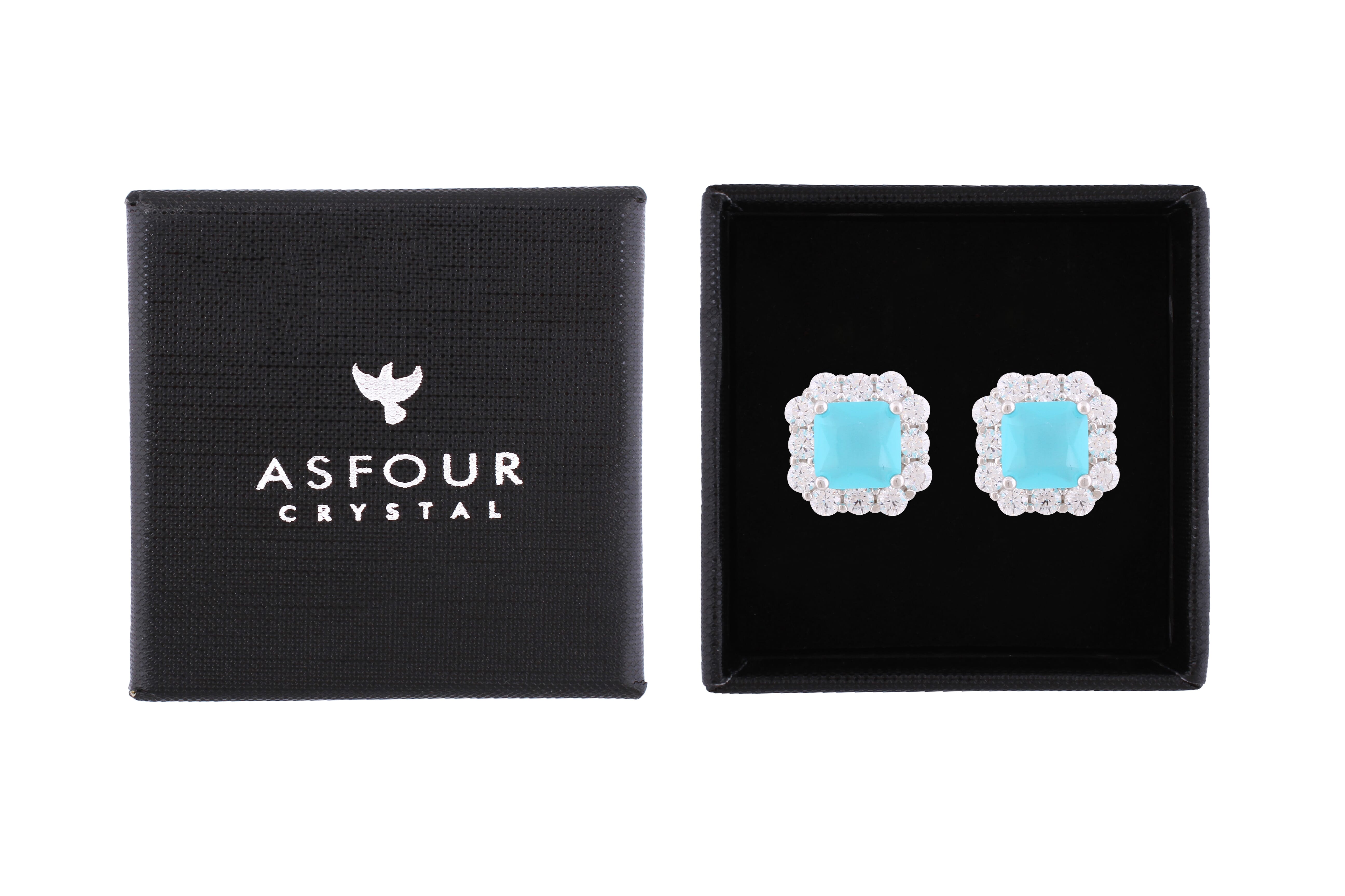 Asfour Crystal Stud Earrings With Aquamarine Ascher Cut Zircon In 925 Sterling Silver-ED0115-MM