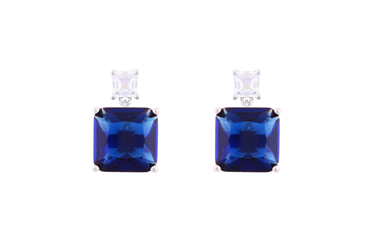 Asfour Crystal Stud Earrings With Blue Square Zircon In 925 Sterling Silver-ED0116-B