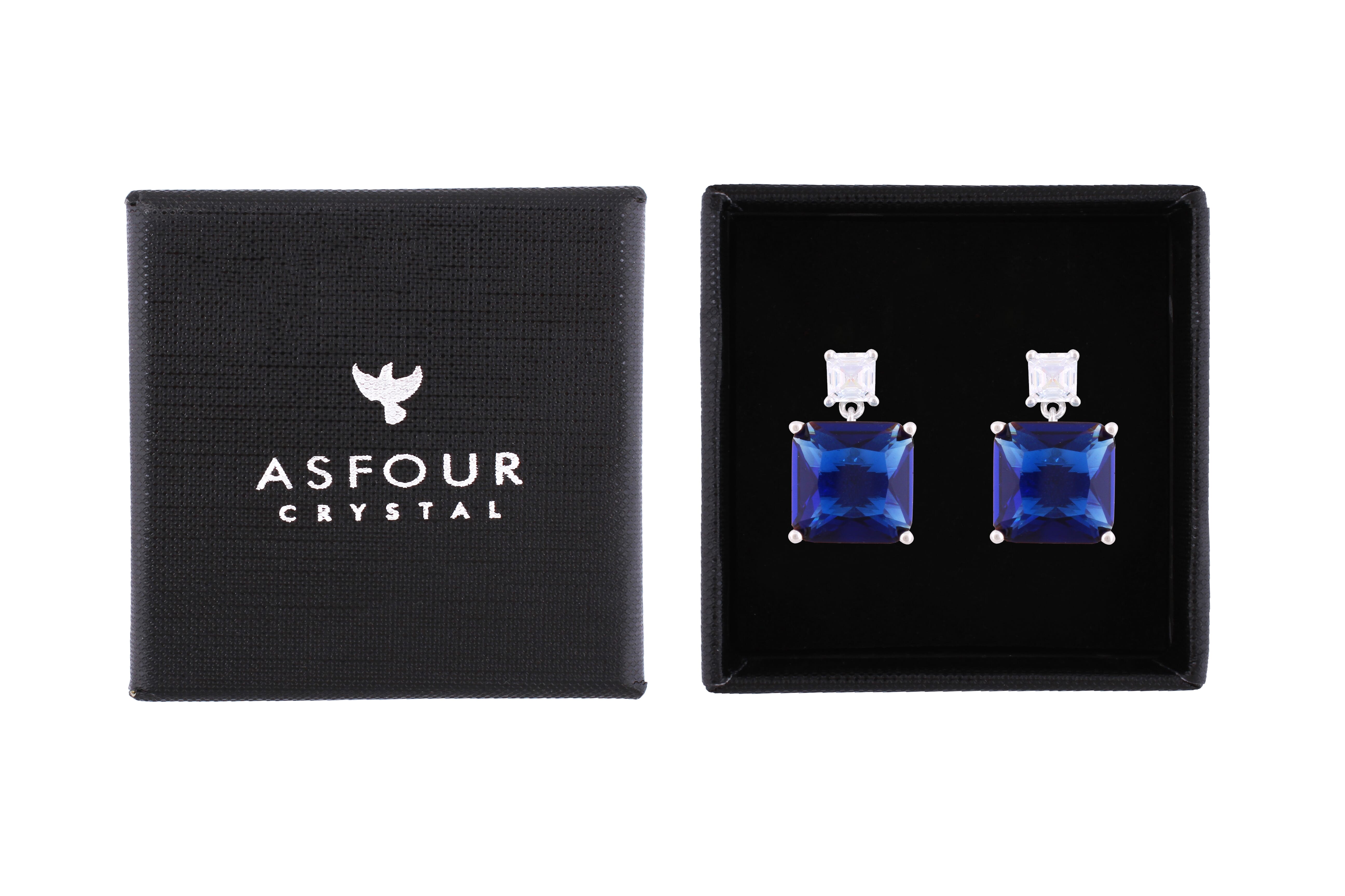 Asfour Crystal Stud Earrings With Blue Square Zircon In 925 Sterling Silver-ED0116-B