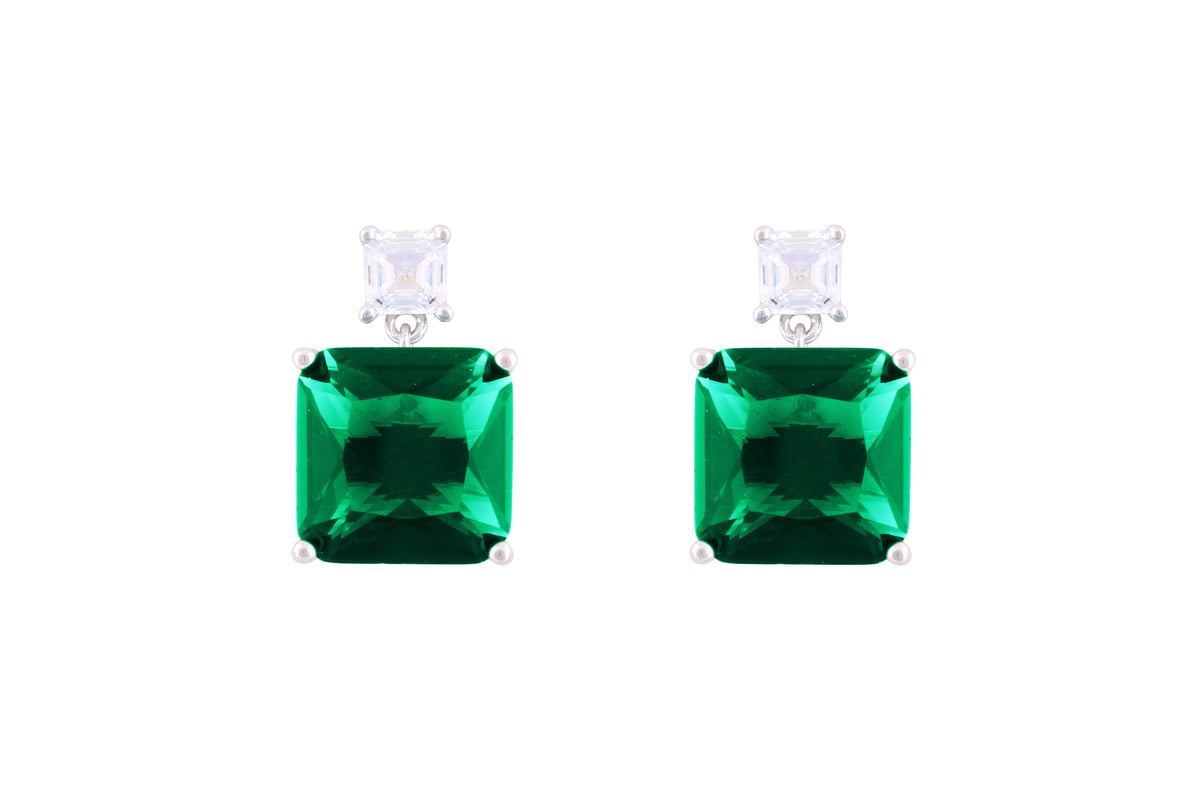 Asfour Crystal Stud Earrings With Emerald Square Zircon In 925 Sterling Silver-ED0116-G