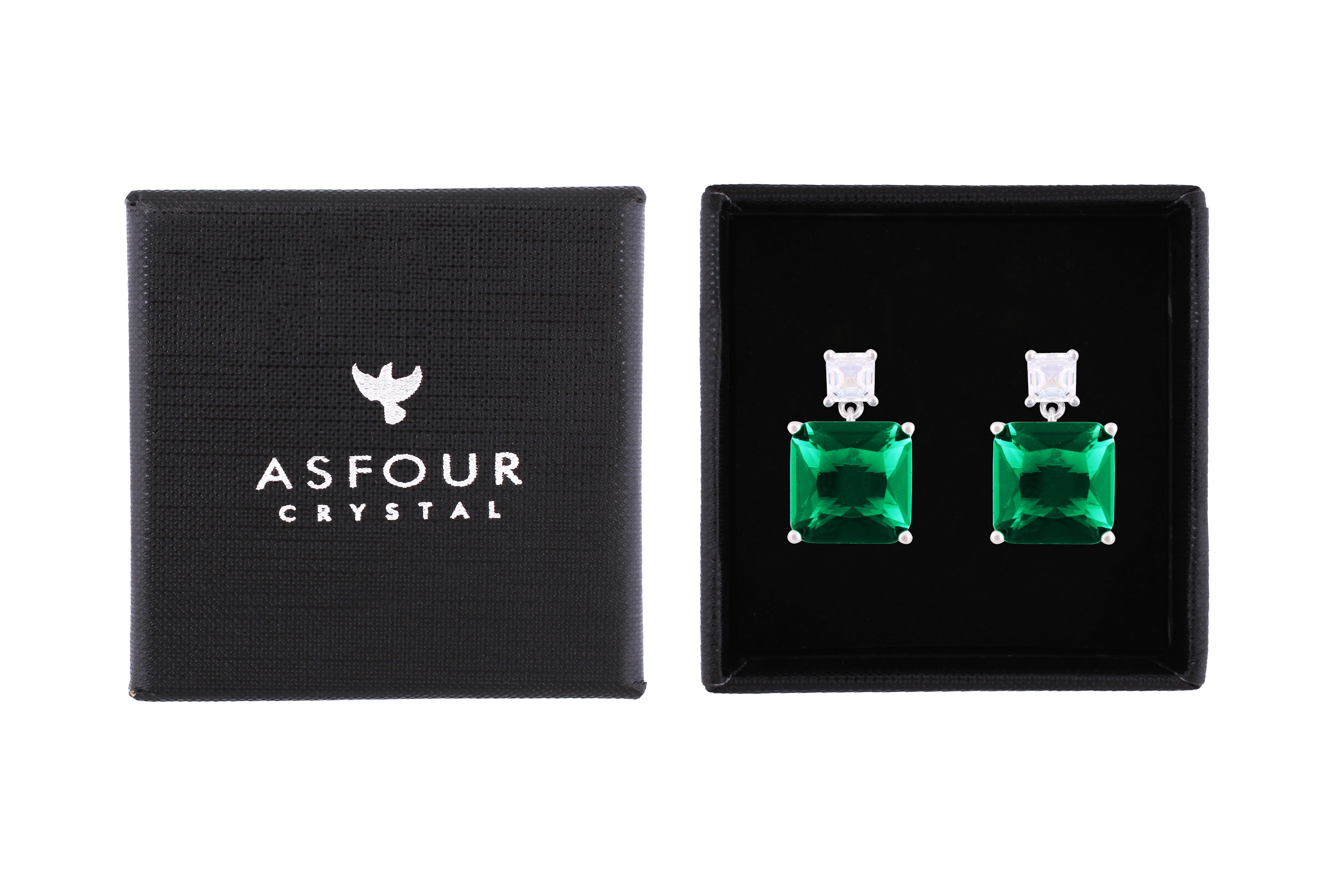 Asfour Crystal Stud Earrings With Emerald Square Zircon In 925 Sterling Silver-ED0116-G