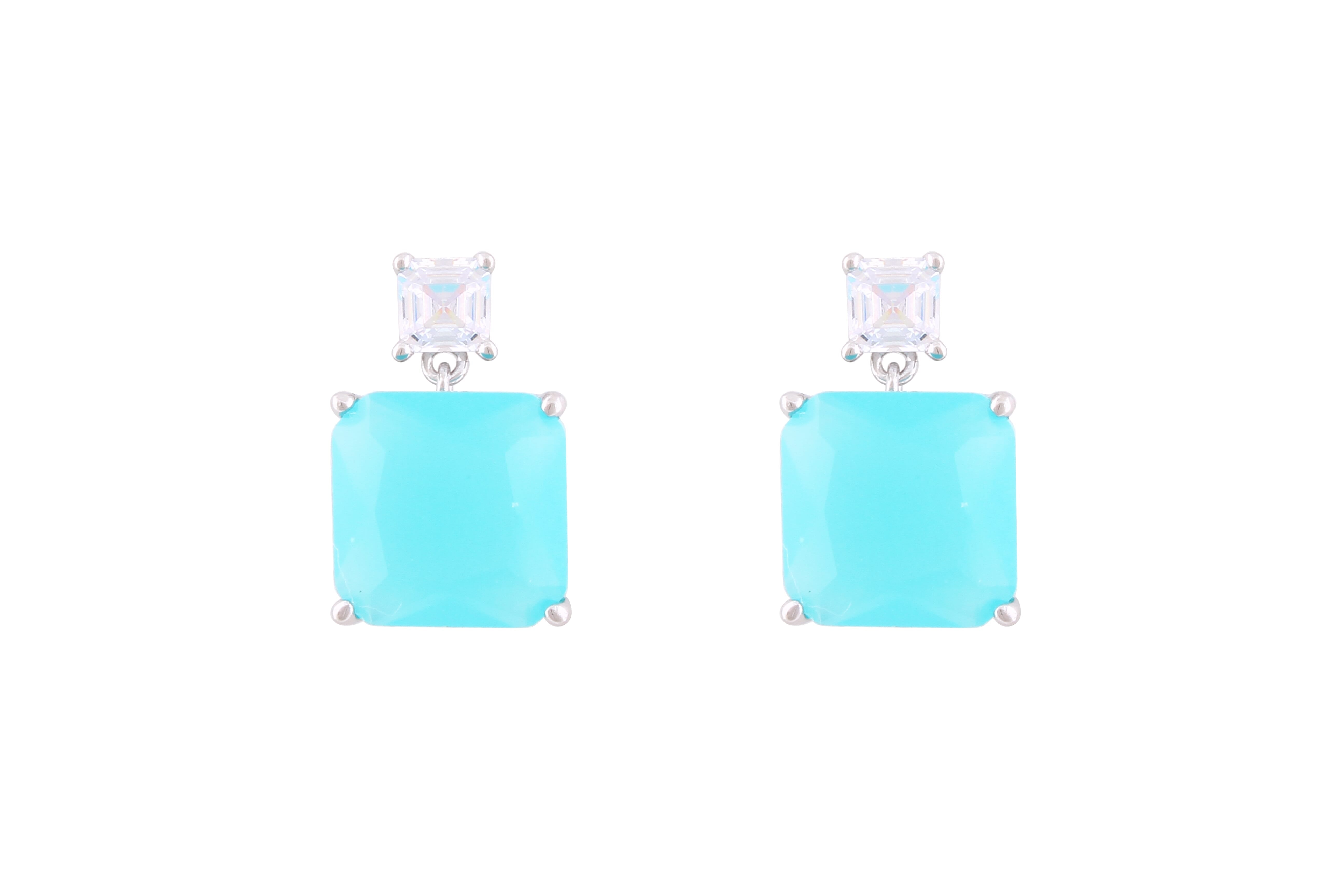 Asfour Crystal Stud Earrings With Aquamarine Square Zircon In 925 Sterling Silver-ED0116-MM