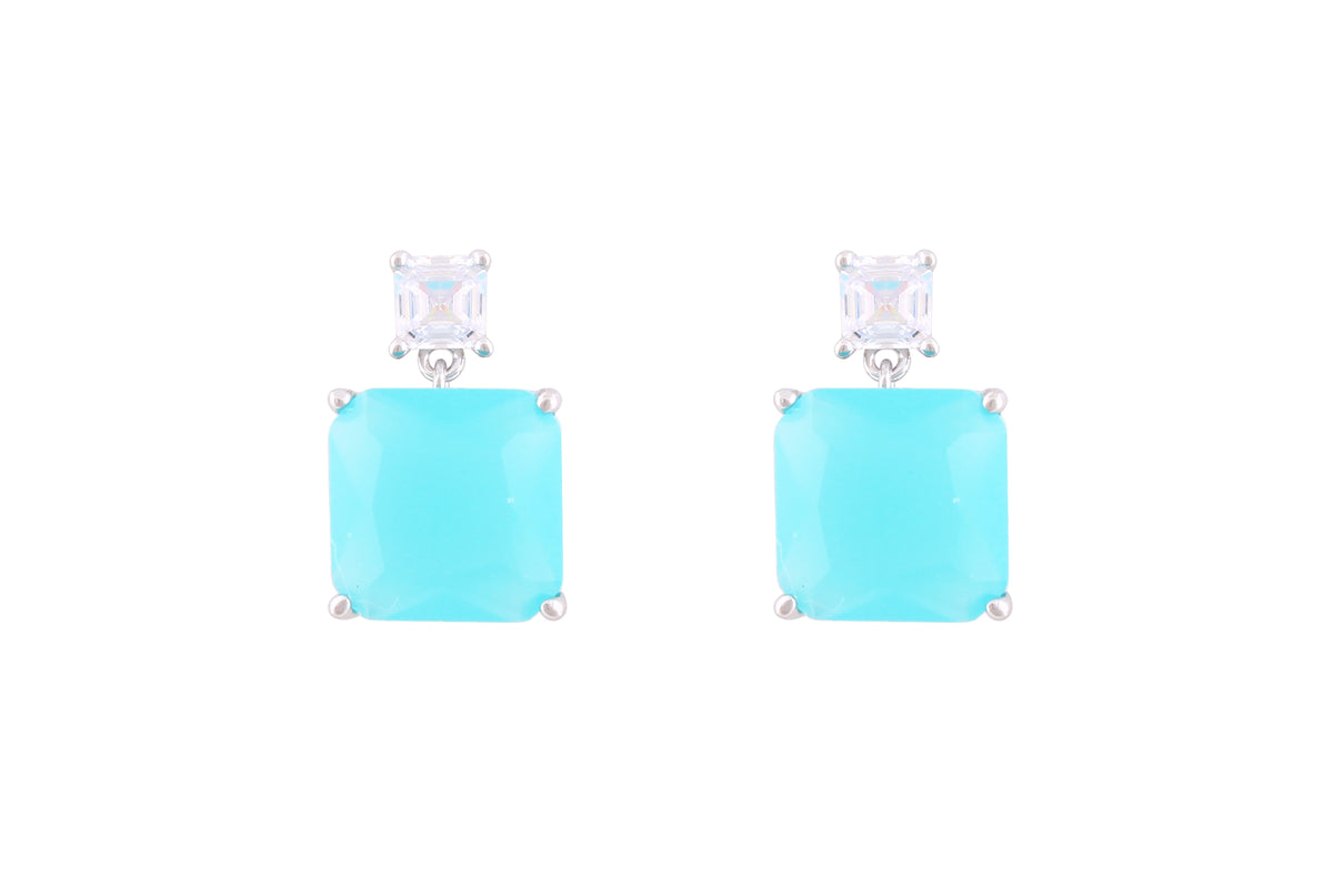 Asfour Crystal Stud Earrings With Aquamarine Square Zircon In 925 Sterling Silver-ED0116-MM